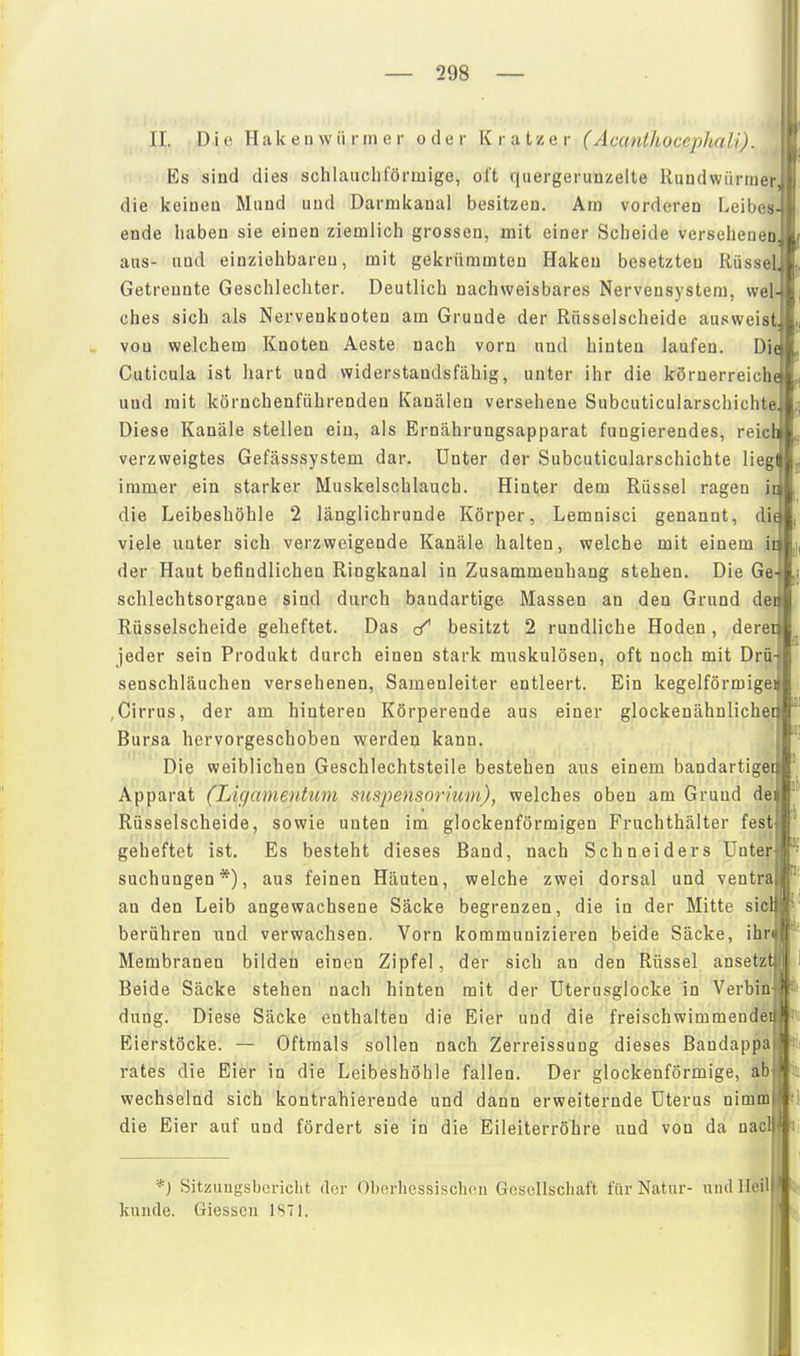II. Die Hak en wii i m e r oder Kratzer (Acanthocephali). Es sind dies schlaucliförmige, oft quergerunzelte Rundwürmer, die keinen Mund und Darmkaual besitzen. Am vorderen Leibes ende haben sie einen ziemlich grossen, mit einer Scheide verseheueü aus- und einziehbaren, mit gekrümmten Haken besetzten Rüss Getrennte Geschlechter. Deutlich nachweisbares Nervensystem, wet ches sich als Nervenknoten am Grunde der Rüsselscheide ausweist, von welchem Knoten Aeste nach vorn und hinten laufen. Di Cuticula ist hart und widerstandsfähig, unter ihr die körnerreicbe und mit körnchenführenden Kanälen versehene Subcuticularschichte Diese Kanäle stellen ein, als Ernährungsapparat fungierendes, reieii verzweigtes Gefässsystem dar. Unter der Subcuticularschichte liegl immer ein starker Muskelschlauch. Hinter dem Rüssel ragen it die Leibeshöhle 2 länglichrunde Körper, Lemnisci genannt, di viele unter sich verzweigende Kanäle halten, welche mit einem ii der Haut befindlichen Ringkanal in Zusammenhang stehen. Die Ge schlechtsorgane sind durch bandartige Massen an den Grund dei Rüsselscheide geheftet. Das besitzt 2 rundliche Hoden, derei jeder sein Produkt durch einen stark muskulösen, oft noch mit Drü senschläuchen versehenen, Samenleiter entleert. Ein kegelförmige) ,Cirrus, der am hintereu Körperende aus einer glockenähnlichet Bursa hervorgeschoben werdeq kann. Die weiblichen Geschlechtsteile bestehen aus einem bandartigei Apparat (Lic/ame>itum Suspensorium), welches oben am Grund de Rüsselscheide, sowie unten im glockenförmigen Fruchthälter fest geheftet ist. Es besteht dieses Band, nach Schneiders Unter suchungen*), aus feinen Häuten, welche zwei dorsal und ventra an den Leib angewachsene Säcke begrenzen, die in der Mitte siel berühren und verwachsen. Vorn kommunizieren beide Säcke, ihn Membranen bilden einen Zipfel, der sich an den Rüssel ansetz Beide Säcke stehen nach hinten mit der Uterusgiocke in Verbin dung. Diese Säcke enthalten die Eier und die freischwimmende! Eierstöcke. — Oftmals sollen nach Zerreissung dieses Bandappä rates die Eier in die Leibeshöhle fallen. Der glockenförmige, ab wechselnd sich kontrahierende und dann erweiternde Uterus nimm die Eier auf und fördert sie in die Eileiterröhre und von da nacl *) Sitzungsbericht der Oberhessiscluni Gesellschaft für Natur- und lleill künde. Giesscu 1S71.