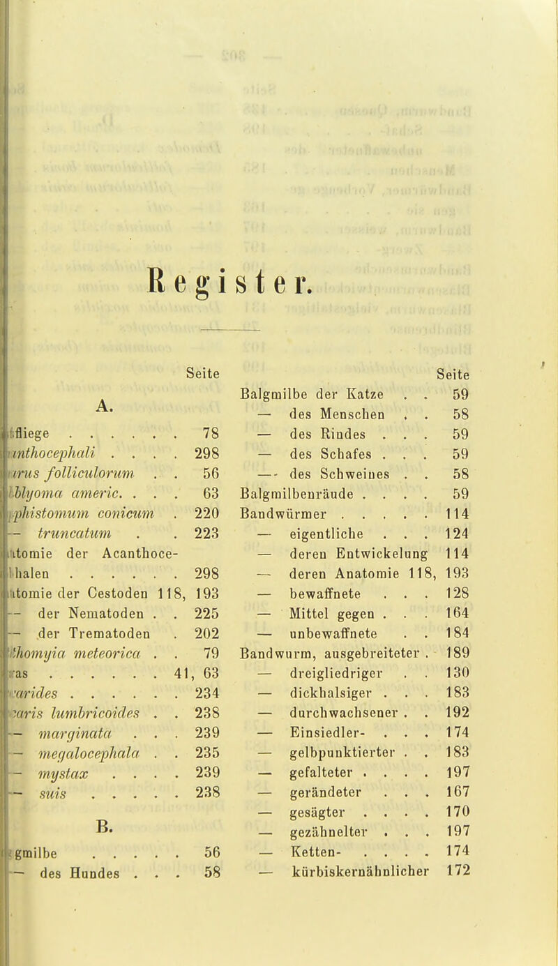 Register. Seite Seite A. Balgm ilbe der Katze 59 des Menschen 58 78 des Rindes . 59 inthocephali . . . . 298 des Schafes . 59 irus foUiculorum 56 des Schweines 58 lilyonici citneTic. . 63 Balgraiibenräude . . 59 1 ih iRtniniim coiiicum 220 Bandwürmer . 114 - truncatum . 223 eigentliche 124 itomie der Acanthoce deren Entwicke ung 114 298 deren Anatomie 118, 193 itomie der Cestoden 11 8, 193 bewaffnete 128 der Nematoden . . 225 Mittel gegen . 164 der Trematoden . 202 unbewaffnete 184 'homyia meteorica . . 79 Bandwurm, ausgebreiteter , 189 41, 63 dreigliedriger 130 , 234 dickhalsiger . 183 ■//vis lumbricoicles . . 238 durchwachsener 192 - marginata . . . 239 Einsiedler- 174 - mer/alocejohala . . 235 gelbpunktierter 183 - mystax . . . . 239 gefalteter . . 197 gerändeter 167 B. gesägter . . 170 gezähnelter . • • 197 56 Ketten- . . 174 — des Hundes . . . 58 kürbiskernähnlicher 172