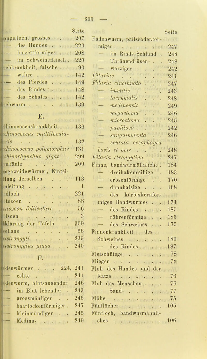 ippellocli, grosses des Hiiades . lanzettförmiges , - im Schweinefleisch likranklieit, falsche . - wahre . . — des Pferdes — des Rindes — des Schafes tehwiirin . E. hhinococcuskrankheit . 'chhiococcus muItilocula- iris 'shinococcus pohjmorjyJms xhinorhynchus (jigas elfäule 209 nngeweidewürmer, Eintei- llang derselben [inleitung ..... (idloch iitozoen ntozoon folliculare . bizoen kklärung der Tafeln . eellaas 132 131 299 113 1 221 88 56 3 309 66 (cstrouf/yU 239 nstrongylus gigas F. denwürmer . . — echte ddenwnrm, blutsaugender - im Blut lebender - grossmäuliger - haarlockenförmiger - kleinmündiger - Medina- . . • 240 224, 241 . 241 246 243 246 247 245 249 Seite 207 220 208 220 90 142 149 148 142 139 136 _ Seite Fadenwurm, palissadenför- miger 247 — im Rinds-Schlund . 248 — Thränendrüsen- . . 248 — warziger .... 242 Filariae 241 Filaria cincinnata . . . 247 — immitis . . . , 243 — lacrymalis . . . 248 — medinensis . . . 249 — mega Stoma . . . 246 — microstoma . . . 245 papillosa . . . . 242 — sanguinolenta . . 246 — scutata oesophagea bovis et Ovis . . . . 248 Filaria strongylina . . 247 Finne, bandwurmähnliche . 184 — dreibakenreihige . 183 — erbsenförmige . . 170 — dünnhalsige . . . 168 — des kürbiskernför- ■! migen Bandwurmes . . 173 — des Rindes . . . 185 — röhrenförmige . . 183 — des Schweines . . 175 Finnenkrankheit des Schweines 180 — des Rindes . . . 187 Fleischfliege 78 Fliegen 78 Floh des Hundes und der Katze 76 Floh des Menschen ... 76 — Sand- 77 Flöhe 75 Füuflöcher 105 Funfloch, bandwurraähnli- ches 106