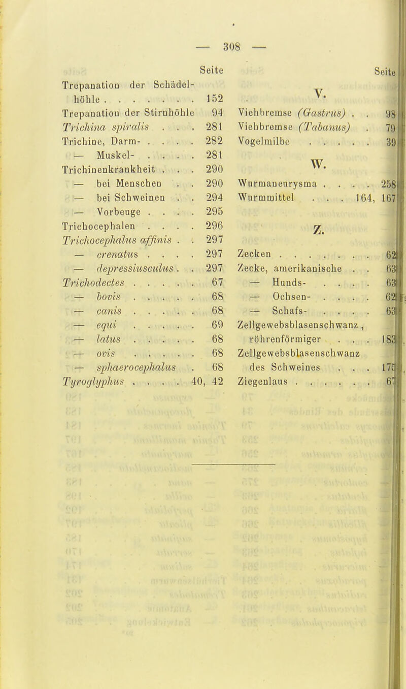 Seite Trepauatiou der Schädel- höhle 152 Trepauatiou der Stirnhöhle 94 Trichina spiralis . . .281 Trichine, Darm- .... 282 — Muskel- .... 281 Trichiueukrankheit . . . 290 — bei Menschen . . 290 — bei Schweinen . . 294 — Vorbeuge .... 295 T.richocephalen .... 296 Trichocephaliis affinis . . 297 — crenatus .... 297 —• depressiusculus. . 297 Trichodectes 67 — bovis 68 — canis 68 — equi 69 — Ird'iis 68 — Ovis 68 — sphaerocejj/ialus . 68 Tyroghj'plms .... 40, 42 Seite V. Viehbremse (Gastrus) . . 98 Vieiibremse (Tahanus) . 79 Vogelmilbc 39 W. Wurnianeurysma .... •^öS Wurmmittel . . . 164, lü7 1 Zecken ^ Zecke, amerikanische . . 63 — Hunds- .... 63 — Ochsen- .... 62 — Schafs- .... 63 Zellgewebsblasenschwanz , röhrenförmiger ... 185 Zellgewebsblasenschwanz des Schweines . . . Iii Ziegeulaus 6'