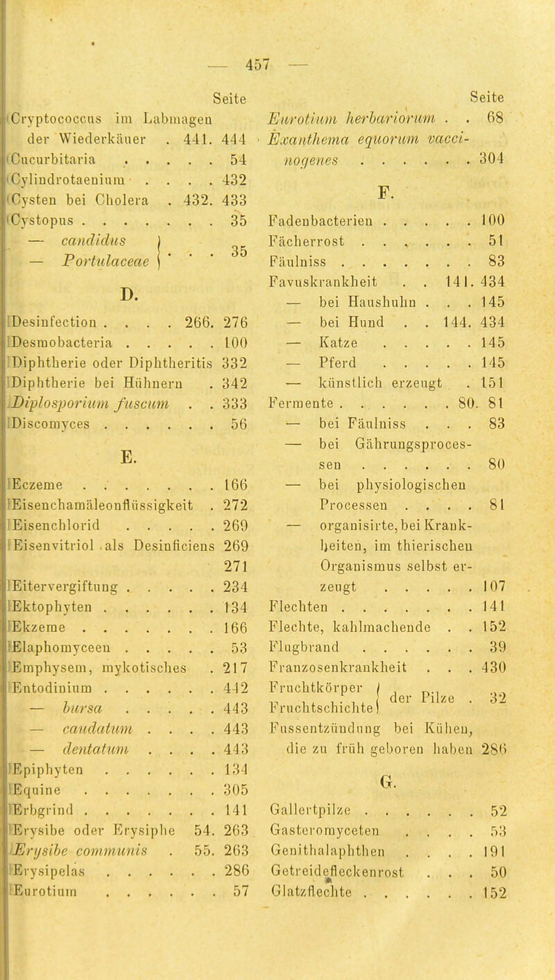 Seite Cryptococcus im Labmagen der Wiederkäuer . 441. 444 I'ucurbitaria . . ( viindrotaeniura ■ . i'vsten bei Cholera Cvstopus .... — Candidus — Portulaceae D. . . 54 . . 432 432. 433 . . 35 35 IDesinfection .... 266, 276 IDesraobacteria 100 Diphtherie oder Diphtheritis 332 Diphtherie bei Hühnern . 342 iDiplosporium fuscum . .333 IDiscomyces 56 E. lEczeme 166 iEisenchamäleonflüssigkeit . 272 lEisenchlorid 269 lEisenvitriol als Desinficiens 269 271 lEitervergiftiing 234 lEktophyten 134 ffikzerae 166 FElaphomyceen 53 lEmphysem, mykotisches . 217 lEntodinium 442 — bursa 443 — caudatum . . . .443 — dentatiini . . . .443 lEpiphyten 134 fEquine 305 lErbgrind 141 fErysibe oder Erysiplie 54. 263 lErijsihe communis . 55. 263 FErysipelas 286 FEurotinm 57 Seite Eurotium herharioriim . . 68 Exanthema equonm vacci- no genes 304 F. Fadeubacterien 100 Fächerrost 51 Fäulniss 83 Favuskrankheit . . 141.434 — bei Haushuhn . . .145 — bei Hund . . 144. 434 — Katze 145 — Pferd 145 — künstlich erzeugt .151 Fermente 80. 81 — bei Fäulniss ... 83 — bei Gähruugsproces- sen 80 — bei physiologischen Processen .... 81 — organisirte,bei Krauk- Ijeiten, im thierischeu Organismus selbst er- zeugt 107 Flechten 141 Flechte, kahlmachende . .152 Flugbrand 39 Franzosenkrankheit . . .430 Fruchtkörper { p.^^^ Fruchtschichtei Fussentzüudung bei Külieu, die zu früh geboren haben 286 G. Gasterorayceten . . 53 Genithalaphthen . . 191 Getreidefleck enrost . . 50 Glatzflechte .... . . 152