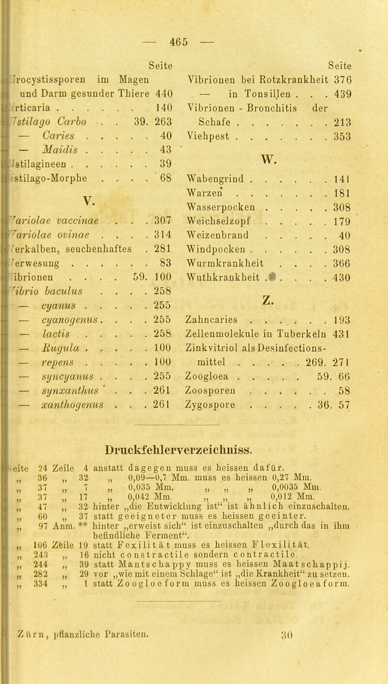 Seite Urocystissporen im Magen und Darm gesunder Thiere 440 Urticaria 140 Tstilago Carlo . . 39. 263 — Caries 40 — Maidis 43 Jstilagineen 39 sstilago-Morphe .... 68 V. '^ariolae vaccinae ... 307 '^ariolae ovinae . . . .314 ('erkalben, seuchenhaftes . 281 •^erwesung 83 i'ibrionen .... 59. 100 ''ibrio baculus .... 258 — cyanus 255 — cyanogenus.... 255 — lactis 258 — Rugula 100 — repens 100 — syncyanus . . . .255 — synxanthus * . . .261 — xanthogenus . . .261 Seite Vibrionen bei Rotzkrankheit 376 — in Tonsillen . . .439 Vibrionen - Bronchitis der Schafe 213 Viehpest 353 W. Wabengrind 141 Warzen 181 Wasserpocken 308 Weichselzopf 179 Weizenbraud ..... 40 Windpocken 308 Wurmkrankheit .... 366 Wuthkrankheit . . . .430 z. Zahncaries 193 Zellenmolekule in Tuberkeln 431 Zinkvitriol als Desinfections- mittel 269. 271 Zoogloea 59. 66 Zoosporen 58 Zygospore 36. 57 Druckfehlerverzeichniss. ■ eite 24 Zeile 4 anstatt dagegen muss es heissen dafür. „ 36 „ 32 „ 0,09—0,7 Mm. muss es heissen 0,27 Mm. „ 37 „ 7 „ 0,035 Mm. „ „ „ 0,0035 Mm. „ 37 „ 17 „ 0,042 Mm. „ „ „ 0,012 Mm. „ 47 „ 32 hinter „die Entwicklung ist ist ähnlich einzuschalten. „ 60 „ 37 statt geeigneter muss es heissen geeinter. „ 97 Anm. ** hinter „erweist sich ist einzuschalten „durch das in ihm befindliche Ferment. „ 106 Zeile 19 statt Fexilität muss es heissen Flexilität. „ 243 „ 16 nicht constractile sondern contractile. „ 244 „ 39 statt Mantschappy muss es heissen Maat schappij. „ 282 „ 29 vor „wie mit einem Schlage ist „die Krankheit zu setzen. „ 334 „ 1 statt Zoogloeform muss es heissen Zoogloeaform. Zürn, pflanzliche Parasiten. ;U)