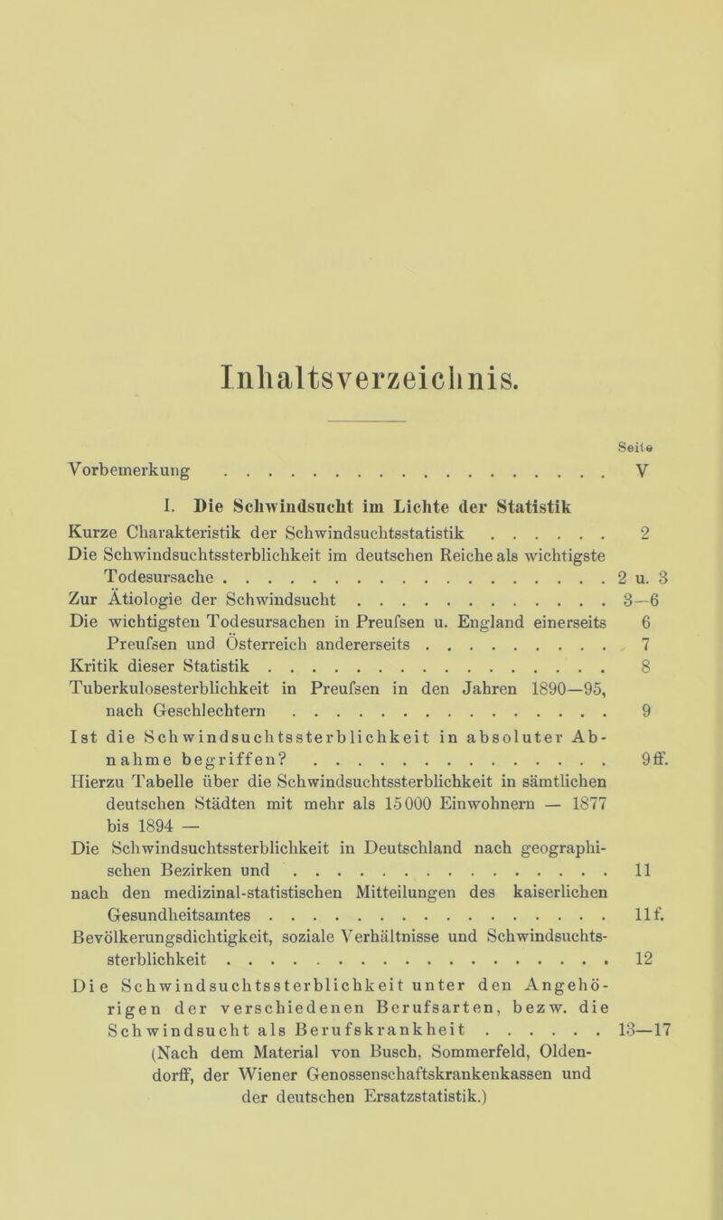 Inhaltsverzeichnis. Seite Vorbemerkung V I. Die Sclnvimlsnelit im Lichte der Statistik Kurze Charakteristik der Schwindsuchtsstatistik 2 Die Schwindsuchtssterblichkeit im deutschen Reiche als wichtigste Todesursache 2 u. 3 Zur Ätiologie der Schwindsucht 8—6 Die wichtigsten Todesursachen in Preufsen u. England einerseits 6 Preufsen und Österreich andererseits 7 Kritik dieser Statistik 8 Tuberkulosesterblichkeit in Preufsen in den Jahren 1890—95, nach Geschlechtern 9 Ist die Schwindsuchtssterblichkeit in absoluter Ab- nahme begriffen? 9 ff. Hierzu Tabelle über die Schwindsuchtssterblichkeit in sämtlichen deutschen Städten mit mehr als 15000 Einwohnern — 1877 bis 1894 — Die Schwindsuchtssterblichkeit in Deutschland nach geographi- schen Bezirken und 11 nach den medizinal-statistischen Mitteilungen des kaiserlichen Gesundheitsamtes llf. Bevölkerungsdichtigkeit, soziale Verhältnisse und Schwindsuchts- sterblichkeit 12 Die Schwindsuchtssterblichkeit unter den Angehö- rigen der verschiedenen Berufsarten, bezw. die Sch windsucht als Berufskrankheit 13—17 (Nach dem Material von Busch, Sommerfeld, Olden- dorff, der Wiener Genossenschaftskrankenkassen und der deutschen Ersatzstatistik.)