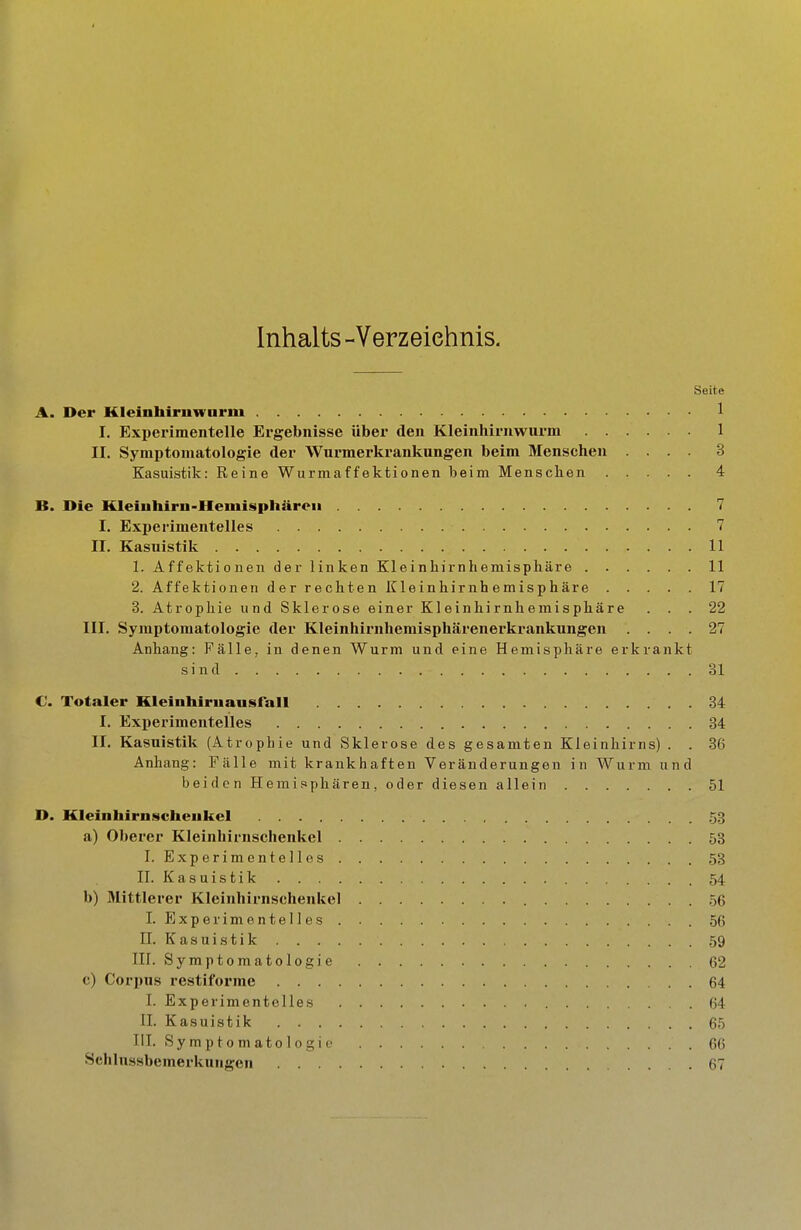 Inhalts -Verzeichnis. Seite A. Der Kleinhirnwurm 1 I. Experimentelle Ergebnisse über den Kleinhiriiwurm 1 II. Symptomatologie der Wurmerkranknngen beim Menschen .... 3 Kasuistik: Reine Wurmaffektionen beim Menschen 4 B. Die Hleiuhirn-IIemisphärcii 7 I. Experimentelles V II. Kasuistik 11 1. Affektionen der linken Kleinhirnhemisphäre 11 2. Affektionen der rechten Kleinhirnhemisphäre 17 3. Atrophie und Sklerose einer Kleinhirnhemisphäre ... 22 III. Symptomatologie der Kleinhirnhemisphärenerkrankungen .... 27 Anhang: Fälle, in denen Wurm und eine Hemisphäre erkrankt sind 31 C. Totaler Kleinhiruausfall 34 I. Experimentelles 34 II. Kasuistik (Atrophie und Sklerose des gesamten Kleinhirns) . . 36 Anhang: Fälle mit krankhaften Veränderungen in Wurm und beiden Hemissphären, oder diesen allein 51 D. Kleinhirnscheukel 53 a) Oberer Kleinhirnschenkel 53 I. Experimentelles 53 II. Kasuistik 54 b) Mittlerer Kleinhirnschenkel 56 I. E X p e r i m e n t e 11 e s 56 II. Kasuistik 59 III. Symptomatologie 62 c) Corpus restiforrae 64 I. Experimentelles 64 II. Kasuistik 65 III. Sy mp to m ato 1 ogi c 66 Schlussbemerkuiigen 67