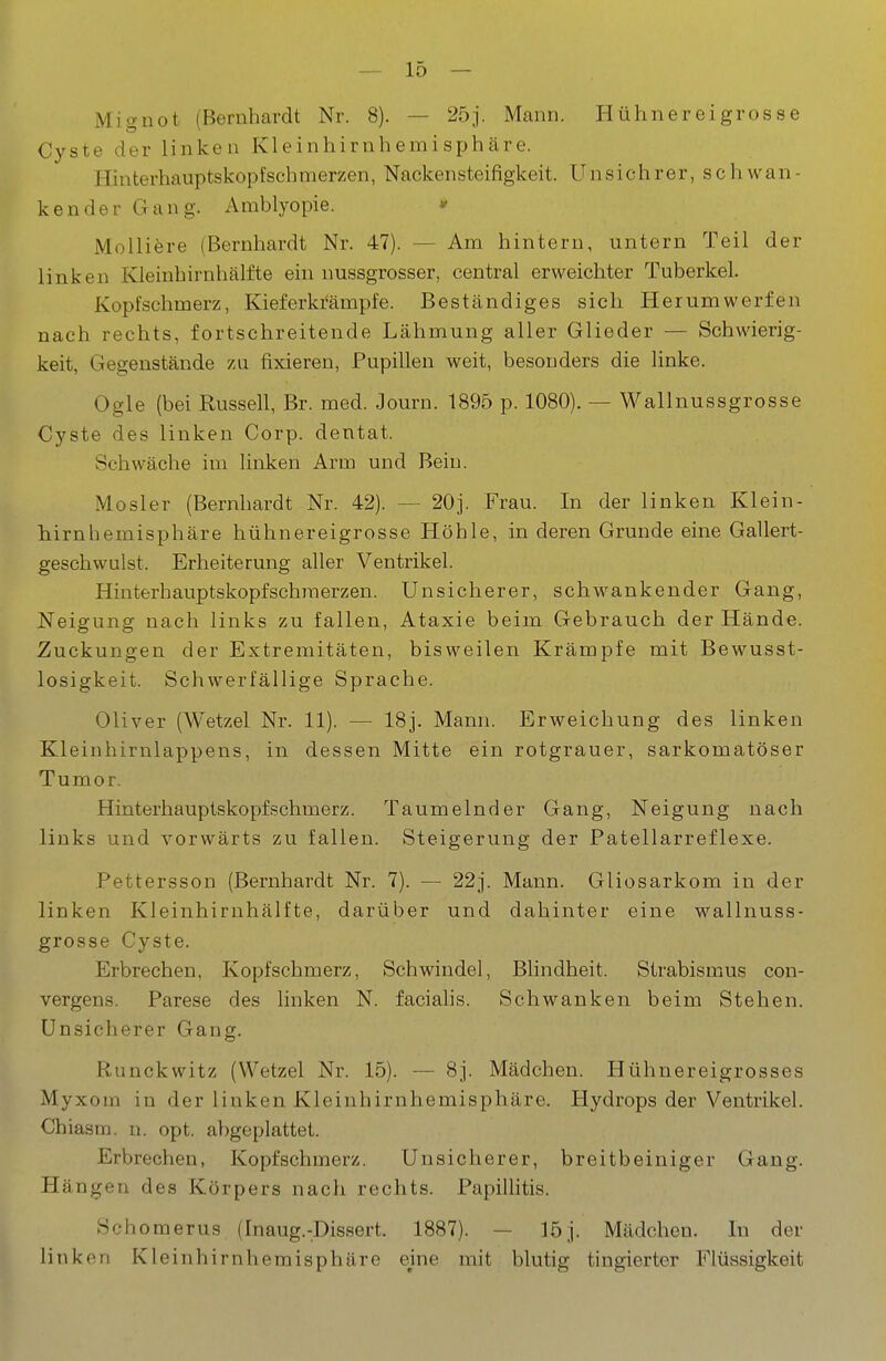 Mignot (Bernhardt Nr. 8). — 25j. Mann. Hühnereigrosse Cyste der linken Kleinhirnhemisphäre. Hinterhauptskopfschmerzen, Nackensteifigkeit. Unsichrer, schwan- kender Gang. Amblyopie. » Moiliere (Bernhardt Nr. 47). — Am hintern, untern Teil der linken Kleinhirnhälfte ein nussgrosser, central erweichter Tuberkel. Kopfschmerz, Kieferkrämpfe. Beständiges sich Herumwerfen nach rechts, fortschreitende Lähmung aller Glieder — Schwierig- keit, Gegenstände zu fixieren, Pupillen weit, besonders die linke. Ogle (bei Russell, Br. med. Journ. 1895 p. 1080). — Wallnussgrosse Cyste des linken Corp. dentat. Schwäche im linken Arm und Bein. Mosler (Bernhardt Nr. 42). — 20j. Frau. In der linken Klein- hirnhemisphäre hühnereigrosse Höhle, in deren Grunde eine Gallert- geschwulst. Erheiterung aller Ventrikel. Hinterhauptskopfschnaerzen. Unsicherer, schwankender Gang, Neigung nach links zu fallen, Ataxie beim Gebrauch der Hände. Zuckungen der Extremitäten, bisweilen Krämpfe mit Bewusst- losigkeit. Schwerfällige Sprache. Oliver (Wetzel Nr. 11). — 18j. Mann. Erweichung des linken Kleinhirnlappens, in dessen Mitte ein rotgrauer, sarkomatöser Tumor. Hinterhauptskopfschmerz. Taumelnder Gang, Neigung nach links und vorwärts zu fallen. Steigerung der Patellarreflexe. Pettersson (Bernhardt Nr. 7). — 22j. Mann. Gliosarkom in der linken Kleinhirnhälfte, darüber und dahinter eine wallnuss- grosse Cyste. Erbrechen, Kopfschmerz, Schwindel, Blindheit. Strabismus con- vergens. Parese des hnken N. facialis. Schwanken beim Stehen. Unsicherer Gang. Runckwitz (Wetzel Nr. 15). — 8j. Mädchen. Hühnereigrosses Myxom in der linken Kleinhirnhemisphäre. Hydrops der Ventrikel. Chiasm. u. opt. abgeplattet. Erbrechen, Kopfschmerz. Unsicherer, breitbeiniger Gang. Hängen des Körpers nach rechts. Papillitis. Schoraerus (Inaug.-Dissert. 1887). — 15j. Mädchen. In der linken Kleinhirnhemisphäre eine mit blutig tingierter Flüssigkeit