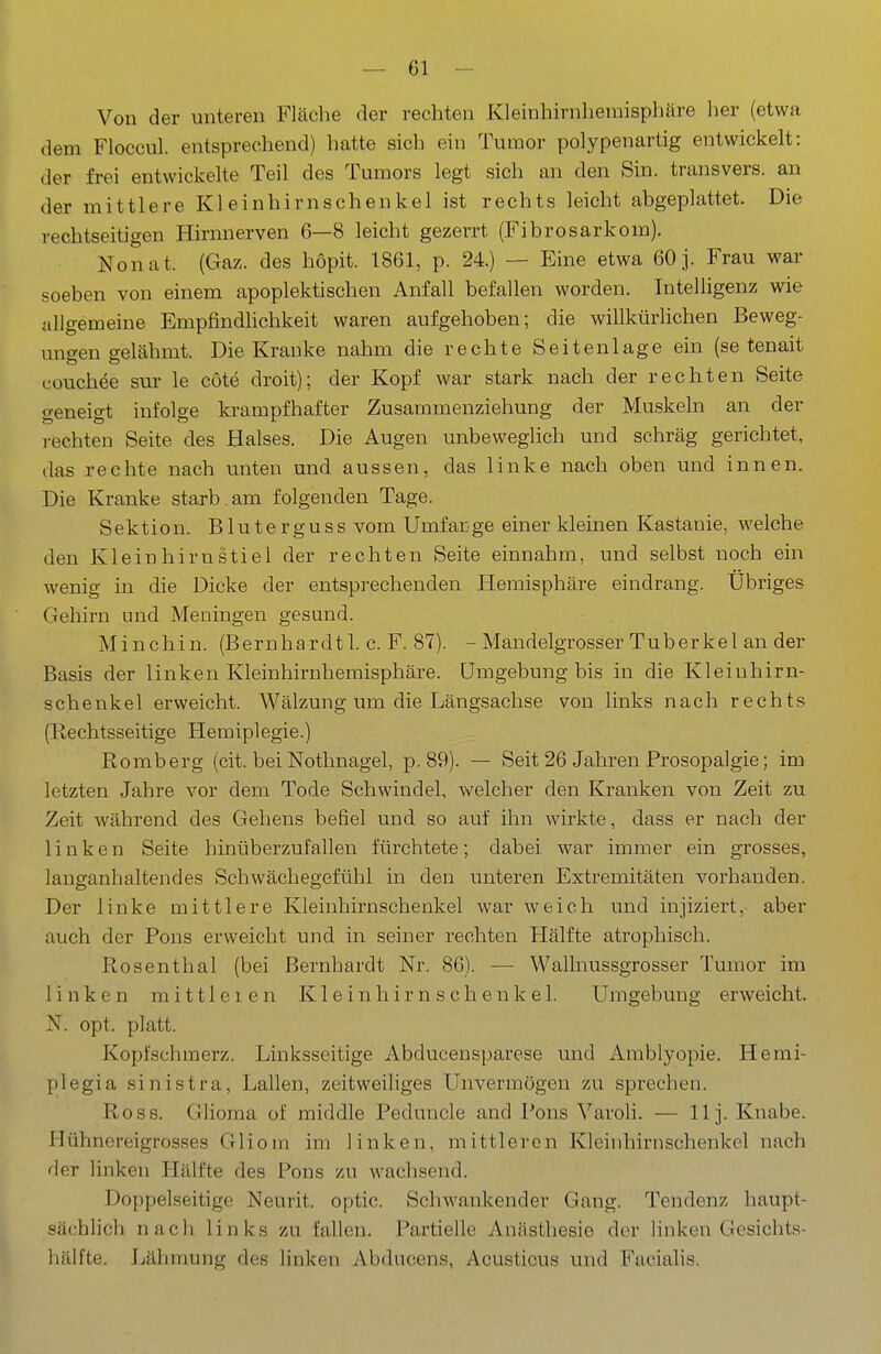 Von der unteren Fläche der rechten Kleinhirnhemisphäre her (etwa dem Floccul. entsprechend) hatte sich ein Tumor polypenartig entwickelt: der frei entwickelte Teil des Tumors legt sich an den Sin. transvers. an der mittlere Kleinhirnschenkel ist rechts leicht abgeplattet. Die rechtseitigen Hirnnerven 6—8 leicht gezerrt (Fibrosarkom). Nonat. (Gaz. des hopit. 1861, p. 24.) — Eine etwa 60 j. Frau war soeben von einem apoplektischen Anfall befallen worden. Intelligenz wie allgemeine EmpfindUchkeit waren aufgehoben; die willkürlichen Beweg- ungen e-elähmt. Die Kranke nahm die rechte Seiten läge ein (se tenait couchee sur le cöte droit); der Kopf war stark nach der rechten Seite geneigt infolge krampfhafter Zusammenziehung der Muskeln an der rechten Seite des Halses. Die Augen unbeweglich und schräg gerichtet, das rechte nach unten und aussen, das linke nach oben und innen. Die Kranke starb, am folgenden Tage. Sektion. Bluterguss vom Umfarge einer kleinen Kastanie, welche den Kleinhirnstiel der rechten Seite einnahm, und selbst noch ein wenig in die Dicke der entsprechenden Hemisphäre eindrang. Übriges Gehirn und Meningen gesund. Minchin. (Bernhardtl. c. F. 87). - Mandelgrosser Tuberkel an der Basis der linken Kleinhirnhemisphäre. Umgebung bis in die Kleinhirn- schenkel erweicht. Wälzung um die Längsachse von links nach rechts (Rechtsseitige Hemiplegie.) Romberg (cit. bei Nothnagel, p. 89). — Seit 26 Jahren Prosopalgie; im letzten Jahre vor dem Tode Schwindel, welcher den Kranken von Zeit zu Zeit während des Gehens befiel und so auf ihn wirkte, dass er nach der linken Seite hinüberzufallen fürchtete; dabei war immer ein grosses, langanhaltendes Schwächegefühl in den unteren Extremitäten vorhanden. Der linke mittlere Kleinhirnschenkel war weich und injiziert, aber auch der Pons erweicht und in seiner rechten Hälfte atrophisch. Rosenthal (bei Bernhardt Nr. 86). — Wallnussgrosser Tumor im linken m i 111 e i e n K1 e i n h i r n s c h e n k e 1. Umgebung erweicht. N. opt. platt. Kopfschmerz. Linksseitige Abducensparese und Amblyopie, Hemi- plegia sinistra, Lallen, zeitweiliges Unvermögen zu sprechen. Ross. Glioma of middle Peduncle and Pons Varoli. — llj. Knabe. Hühnereigrosses Gliom im linken, mittleren Kleinhirnschenkel nach der linken Hälfte des Pons zu wachsend. Doppelseitige Neurit. optic. Schwankender Gang. Tendenz haupt- sächlich nach links zu fallen. Partielle Anästhesie der linken Gesichts- hälfte. Lähmung des linken Abducens, Acusticus und Faciahs.