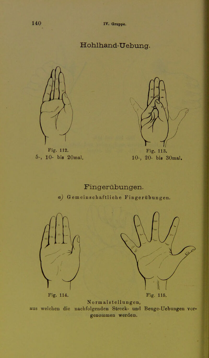 Hohlhand-Uebung. Fingerübungen. a) Gemeinschaftliche Fingerübungen. Fig. 114. Fig. 116. Normalstellungen, aus welchen die nachfolgenden Streck- und Beugc-Uebungen vor- genommen werden.