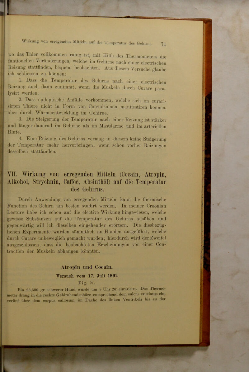 ;; Eeizmig stattfinden, bequem beobachten. Aus diesem Versuche glaube ; 1 ich schliessen zu können: 1. Dass die Temperatur des Gehirns nach einer electrischen J I Eeizuug auch dann zuuimmt, wenn die Muskeln durch Curare para- } i lysirt werden. 2. Dass epileptische Anfälle Vorkommen, welche sich im curari- { sirten Thiere nicht in Form von Convulsionen manifestireu können, fl aber durch Wärmeentwicklung im Gehirne. j 3. Die Steigerung der Temperatur nach einer Eeizung ist stärker II und länger dauernd im Gehirne als im Mastdarme und im arteriellen 4. Eine Eeizung des Gehirns vermag in diesem keine Steigerung der Temperatur mehr hervorbringen, wenn schon vorher Eeizungen desselben stattfanden. VII. Wirkling von erregenden Mitteln (Cocain, Atropin, Alkohol, Strj'Chnin, Caffee, Absinthöl) auf die Temperatur Durch Anwendung von erregenden Mitteln kann die thermische Function des Gehirn am besten studirt werden. In meiner Croonian Lecture habe ich schon auf die elective Wirkung hingewiesen, welche gewisse Substanzen auf die Temperatur des Gehirns ausüben und gegenwärtig will ich dieselben eingehender erörtern. Die diesbezüg- lichen Experimente wurden sämmtlich an Hunden ausgeführt, welche durch Curare unbeweglich gemacht wurden; hierdurch wird der Zweifel ausgeschlossen, dass die beobachteten Erscheinungen von einer Con- traction der Muskeln abhängen könnten. Ein 2.3,.500 gr schwerer Hund wurde um 8 Uhr 26' curarisirt. Das Thermo- meter drang in die rechte Gehirnhemisphäre entsprechend dem sidcus cruciatus ein, verlief über dem corpus callosum im Dache des linken Ventrikels bis zu dei Blute. des Gehirns. Atropin und Cocain. Versuch vom 17. Juli 1891. Fig. 21.