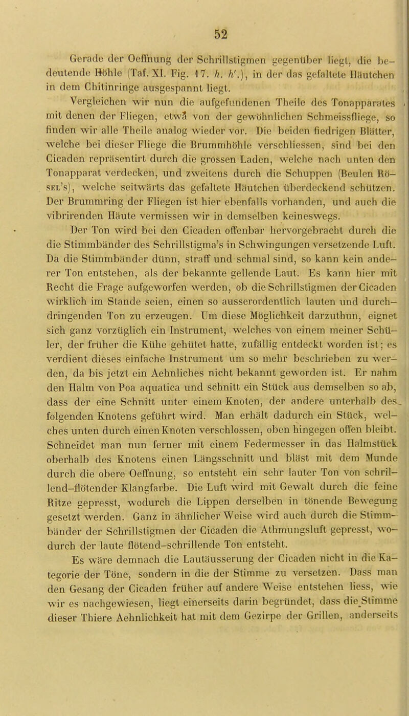 Gerade der Ocffnung der Schrillsligmcn gegenüber liegt, die be- deutende Höhle (Tal'. XI. Fig. 17. h. h'.)\ in der das ^Mlele Hänichen in dem Chilinringe ausgespannt liegt. Vergleichen wir nun die aufgefundenen Theile des Tonapparates mit denen der Fliegen, etwa von der gewöhnliehen SMnnefeisfliege, so linden wir alle Theile analog wieder vor. Die beiden fiedrigen Blätter, welche bei dieser Fliege die Brummhöhle verschliessen, sind bei den Cicaden repräsenlirt durch die grossen Laden, welche nach unten den Tonapparat verdecken, und zweitens durch die Schuppen (Beulen Rö- sel's), welche seitwärts das gefaltete Häutchen überdeckend schützen. Der Brummring der Fliegen ist hier ebenfalls vorhanden, und auch die \ ilu irenden Häute vermissen wir in demselben keineswegs. Der Ton wird bei den Cicaden offenbar hervorgebracht durch die die Stimmbänder des Schrillsligma's in Schwingungen versetzende Luft. Da die Stimmbänder dünn, straff und schmal sind, so kann kein ande- rer Ton entstehen, als der bekannte gellende Laut. Es kann hier mit Recht die Frage aufgeworfen werden, ob die Schrillstigmen der Cicaden wirklich im Stande seien, einen so ausserordentlich lauten und durch- dringenden Ton zu erzeugen. Um diese Möglichkeit darzuthun, eignet sich ganz vorzüglich ein Instrument, welches von einem meiner Schü- ler, der früher die Kühe gehütet hatte, zufällig entdeckt worden ist; es verdient dieses einfache Instrument um so mehr beschrieben zu wer- den, da bis jetzt ein Aehnliches nicht bekannt geworden ist. Er nahm den Halm von Poa aquatica und schnitt ein Stück aus demselben so ab, dass der eine Schnitt unter einem Knoten, der andere unterhalb des, folgenden Knotens geführt wird. Man erhält dadurch ein Stück, wel- ches unten durch einen Knoten verschlossen, oben hingegen offen bleibt. Schneidet man nun ferner mit einem Federmesser in das Halmstück oberhalb des Knotens einen Längsschnitt und bläst mit dem Munde durch die obere Oeffnung, so entsteht ein sehr lauter Ton von schril- lend-flötender Klangfarbe. Die Luft wird mit Gewalt durch die feine Ritze gepresst, wodurch die Lippen derselben in tönende Bewepunu gesetzt werden. Ganz in ähnlicher Weise wird auch durch die Stimm- bänder der Schrillstigmen der Cicaden die Alhmungsluft gepressl, wo- durch der laute flötend-schrillende Ton entsteht. Es wäre demnach die Lauläusserung der Cicaden nicht in die Ka- tegorie der Töne, sondern in die der Stimme zu versetzen. Dass man den Gesang der Cicaden früher auf andere Weise entstehen Hess, wie wir es nachgewiesen, liegt einerseits darin begründet, dass die Stimme dieser Thiere Aehnlichkeit hat mit dem Gezirpe der Grillen, anderseits