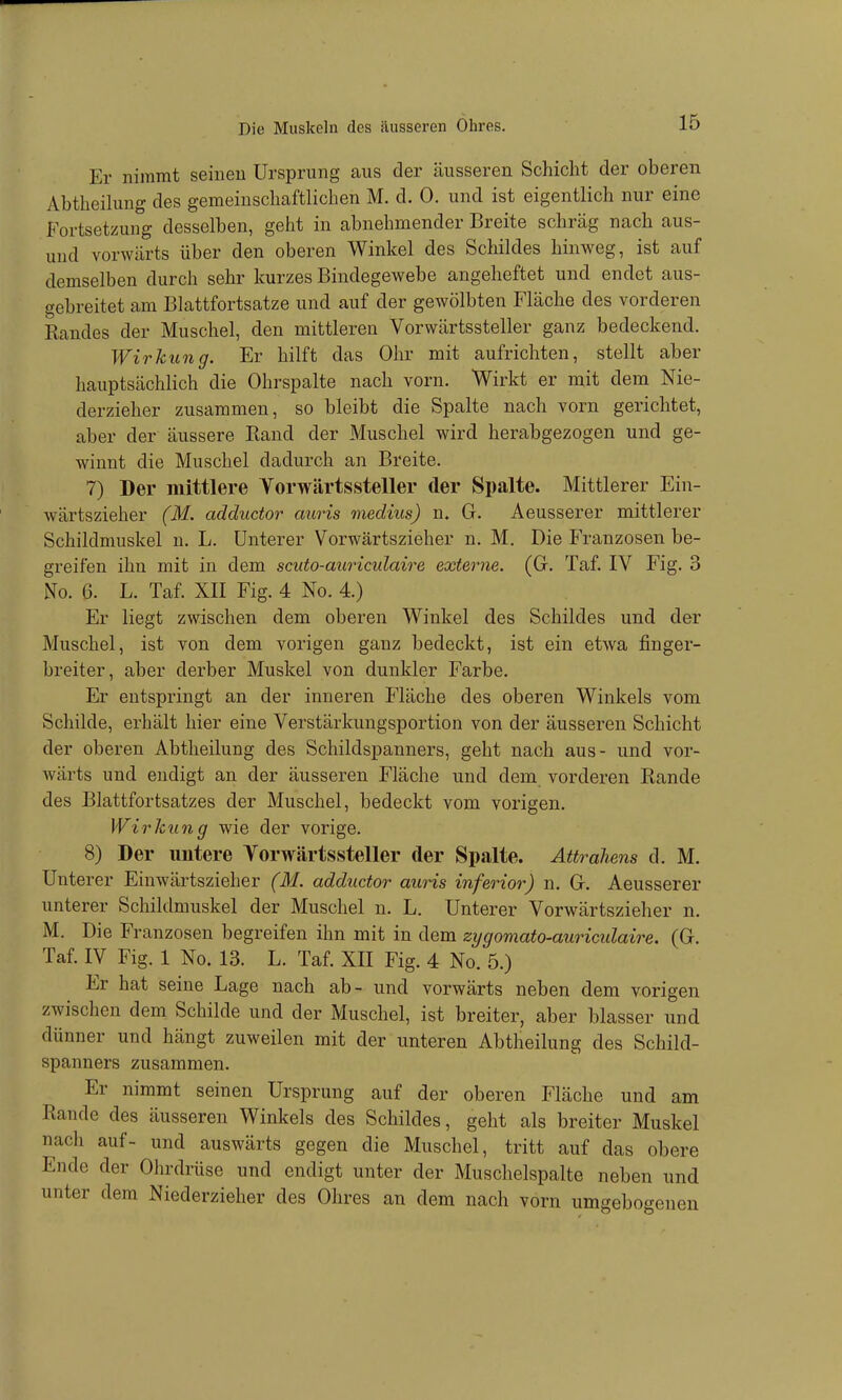 Er nimmt seinen Ursprung aus der äusseren Schicht der oberen Abtheihmg des gemeinschaftlichen M. d. 0. und ist eigentlich nur eine Fortsetzung desselben, geht in abnehmender Breite schräg nach aus- uud vorwärts über den oberen Winkel des Schildes hinweg, ist auf demselben durch sehr kurzes Bindegewebe angeheftet und endet aus- gebreitet am Blattfortsatze und auf der gewölbten Fläche des vorderen Bandes der Muschel, den mittleren Vorwärtssteller ganz bedeckend. Wirkung. Er hilft das Ohr mit aufrichten, stellt aber hauptsächlich die Ohrspalte nach vorn. Wirkt er mit dem Nie- derzieher zusammen, so bleibt die Spalte nach vorn gerichtet, aber der äussere Rand der Muschel wird herabgezogen und ge- winnt die Muschel dadurch an Breite. 7) Der mittlere Yorwärtssteller der Spalte. Mittlerer Ein- wärtszieher (M. adductor auris medius) n. G. Aeusserer mittlerer Schildmuskel n. L. Unterer Vorwärtszieher n. M. Die Franzosen be- greifen ihn mit in dem scuto-ait7-iculaire externe. (G. Taf. IV Fig. 3 No. 6. L. Taf. XII Fig. 4 No. 4) Er liegt zwischen dem oberen Winkel des Schildes und der Muschel, ist von dem vorigen ganz bedeckt, ist ein etwa finger- breiter, aber derber Muskel von dunkler Farbe. Er entspringt an der inneren Fläche des oberen Winkels vom Schilde, erhält hier eine Verstärkungsportion von der äusseren Schicht der oberen Abtheilung des Schildspanners, geht nach aus- und vor- wärts und endigt an der äusseren Fläche und dem vorderen Rande des Blattfortsatzes der Muschel, bedeckt vom vorigen. Wirkung wie der vorige. 8) Der untere Yorwärtssteller der Spalte. Attraliens d. M. Unterer Einwärtszieher (M. adductor auris inferior) n. G. Aeusserer unterer Schildmuskel der Muschel n. L. Unterer Vorwärtszieher n. M. Die Franzosen begreifen ihn mit in dem zygomato-auriculaire. (G. Taf. IV Fig. 1 No. 13. L. Taf. XII Fig. 4 No. 5.) Er hat seine Lage nach ab- und vorwärts neben dem vorigen zwischen dem Schilde und der Muschel, ist breiter, aber blasser und dünner und hängt zuweilen mit der unteren Abtheilung des Schild- spanners zusammen. Er nimmt seinen Ursprung auf der oberen Fläche und am Rande des äusseren Winkels des Schildes, geht als breiter Muskel nach auf- und auswärts gegen die Muschel, tritt auf das obere Ende der Ohrdrüse und endigt unter der Muschelspalte neben und unter dem Niederzieher des Ohres an dem nach vorn umgebogenen