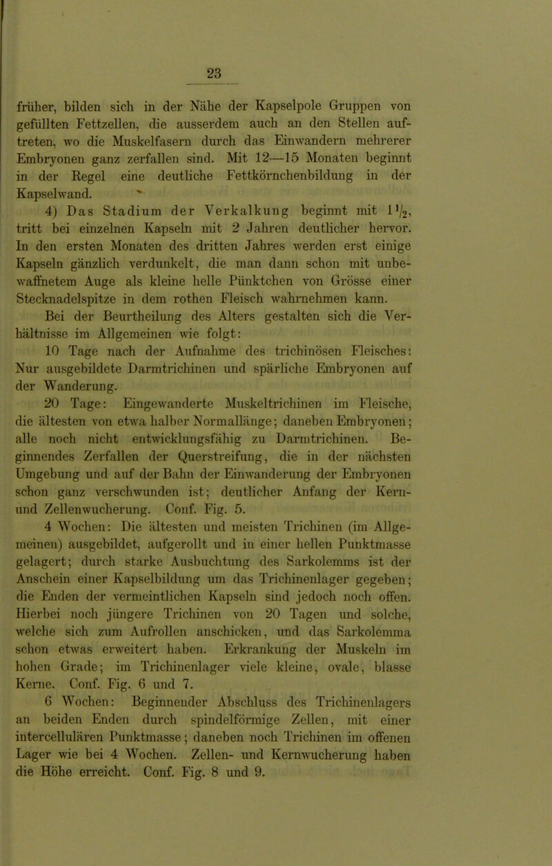 früher, bilden sich in der Nähe der Kapselpole Gruppen von gefüllten Fettzellen, die ausserdem auch an den Stellen auf- treten, wo die Muskelfasern durch das Einwandern mehrerer Embryonen ganz zerfallen sind. Mit 12—15 Monaten beginnt in der Regel eine deutliche Fettkörnchenbildung in der Kapselwand. 4) Das Stadium der Verkalkung beginnt mit lJ/2, tritt bei einzelnen Kapseln mit 2 Jahren deutlicher hervor. In den ersten Monaten des dritten Jahres werden erst einige Kapseln gänzlich verdunkelt, die man dann schon mit unbe- waffnetem Auge als kleine helle Pünktchen von Grösse einer Stecknadelspitze in dem rothen Fleisch wahrnehmen kann. Bei der Beurtheilung des Alters gestalten sich die Ver- hältnisse im Allgemeinen wie folgt: 10 Tage nach der Aufnahme des trichinösen Fleisches: Nur ausgebildete Darmtrichinen und spärliche Embryonen auf der Wanderung. 20 Tage: Eingewanderte Muskeltrichinen im Fleische, die ältesten von etwa halber Normallänge; daneben Embryonen; alle noch nicht entwicklungsfähig zu Darmtrichinen. Be- ginnendes Zerfallen der Querstreifung, die in der nächsten Umgebung und auf der Bahn der Einwanderung der Embryonen schon ganz verschwunden ist; deutlicher Anfang der Kern- und Zellenwucherung. Conf. Fig. 5. 4 Wochen: Die ältesten und meisten Trichinen (im Allge- meinen) ausgebildet, aufgerollt und in einer hellen Punktmasse gelagert; durch starke Ausbuchtung des Sarkolemms ist der Anschein einer Kapselbildung um das Trichinenlager gegeben; die Enden der vermeintlichen Kapseln sind jedoch noch offen. Hierbei noch jüngere Trichinen von 20 Tagen und solche, welche sich zum Aufrollen anschicken, und das Sarkolemma schon etwas erweitert haben. Erkrankung der Muskeln im hohen Grade; im Trichinenlager viele kleine, ovale, blasse Kerne. Conf. Fig. 6 und 7. 6 Wochen: Beginnender Abschluss des Trichinenlagers an beiden Enden durch spindelförmige Zellen, mit einer intercellulären Punktmasse; daneben noch Trichinen im offenen Lager wie bei 4 Wochen. Zellen- und Kernwucherung haben die Höhe erreicht. Conf. Fig. 8 und 9.
