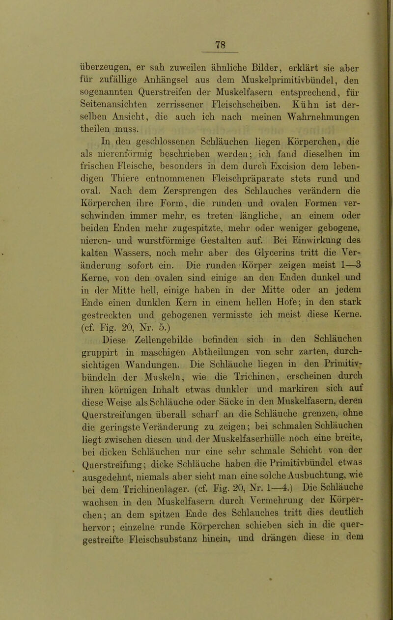 überzeugen, er sab zuweilen ähnliche Bilder, erklärt sie aber für zufällige Anhängsel aus dem Muskelprimitivbündel, den sogenannten Querstreifen der Muskelfasern entsprechend, für Seitenansichten zerrissener Fleischscheiben. Kühn ist der- selben Ansicht, die auch ich nach meinen Wahrnehmungen theilen muss. In den geschlossenen Schläuchen liegen Körperchen, die als nierenfürmig beschrieben werden; ich fand dieselben im frischen Fleische, besonders in dem durch Excision dem leben- digen Thiere entnommenen Fleischpräparate stets rund und oval. Nach dem Zersprengen des Schlauches verändern die Körperchen ihre Form, die runden und ovalen Formen ver- schwinden immer mehr, es treten längliche, an einem oder beiden Enden mehr zugespitzte, mehr oder weniger gebogene, nieren- und wurstförmige Gestalten auf. Bei Einwirkung des kalten Wassers, noch mehr aber des Glycerins tritt die Ver- änderung sofort ein. Die runden Körper zeigen meist 1—3 Kerne, von den ovalen sind einige an den Enden dunkel und in der Mitte hell, einige haben in der Mitte oder an jedem Ende einen dunklen Kern in einem hellen Hofe; in den stark gestreckten und gebogenen vermisste ich meist diese Kerne, (cf. Fig. 20, Nr. 5.) Diese Zellengebilde befinden sich in den Schläuchen gruppirt in maschigen Abtheilungen von sehr zarten, durch- sichtigen Wandungen. Die Schläuche liegen in den Primitiv- bündeln der Muskeln, wie die Trichinen, erscheinen durch ihren körnigen Inhalt etwas dunkler und markiren sich auf diese Weise als Schläuche oder Säcke in den Muskelfasern, deren Querstreifungen überall scharf an die Schläuche grenzen, ohne die geringste Veränderung zu zeigen; bei schmalen Schläuchen liegt zwischen diesen und der Muskelfaserhülle noch eine breite, bei dicken Schläuchen nur eine sehr schmale Schicht von der Querstreifung; dicke Schläuche haben die Primitivbündel etwas ausgedehnt, niemals aber sieht man eine solche Ausbuchtung, wie bei dem Trichinenlager, (cf. Fig. 20, Nr. 1—4.) Die Schläuche wachsen in den Muskelfasern durch Vermehrung der Körper- chen; an dem spitzen Ende des Schlauches tritt dies deutlich hervor; einzelne runde Körperchen schieben sich in die quer- gestreifte Fleischsubstanz hinein, und drängen diese in dem