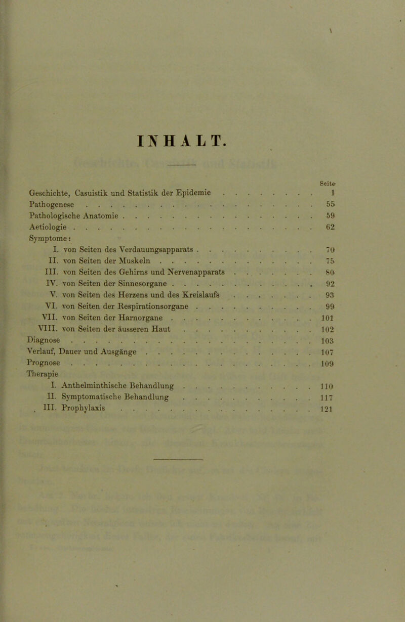 \ INHALT. Seite Geschichte, Casuistik und Statistik der Epidemie 1 Pathogenese 55 Pathologische Anatomie 59 Aetiologie 62 Symptome: L von Seiten des Verdauungsapparats 10 II. von Seiten der Muskeln 75 III. von Seiten des Gehirns und Nervenapparats . 80- IV. von Seiten der Sinnesorgane 92 V. von Seiten des Herzens und des Kreislaufs 93 VI. von Seiten der Respirationsorgane 99 VII. von Seiten der Harnorgane 101 VIII. von Seiten der äusseren Haut 102 Diagnose 103 Verlauf, Dauer und Ausgänge 107 Prognose 109 Therapie I. Anthelminthische Behandlung 110 II. Symptomatische Behandlung 117 4 III. Prophylaxis 121