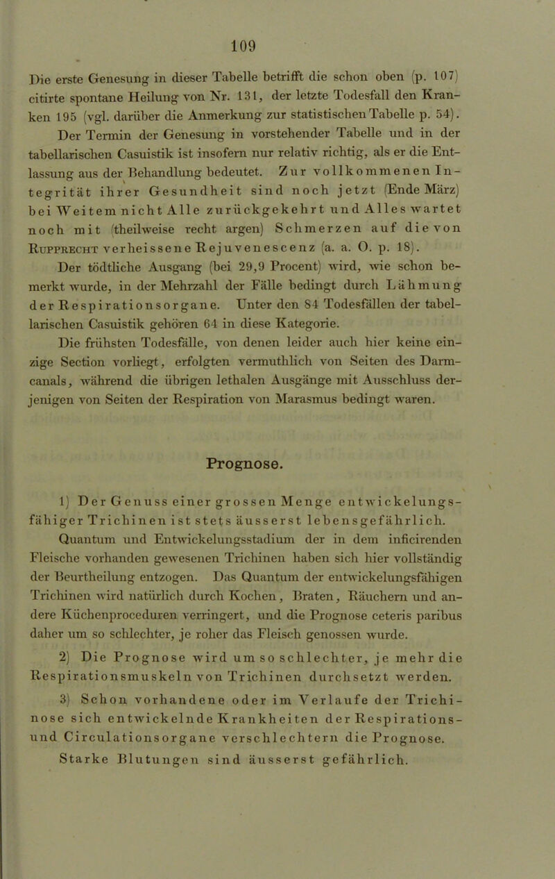 Die erste Genesung in dieser Tabelle betrifft die scbon oben (p. 107) citirte spontane Heilung von Nr. 131, der letzte Todesfall den Kran- ken 195 (vgl. darüber die Anmerkung zur statistiscben Tabelle p. 54). Der Tennin der Genesung in vorstehender Tabelle und in der tabellarischen Casuistik ist insofern nur relativ richtig, als er die Ent- lassung aus der Behandlung bedeutet. Zur vollkommenen In- tegrität ihrer Gesundheit sind noch jetzt (Ende März) bei Weitem nicht Alle zurückgekehrt und Alles wartet noch mit ftheihveise recht argen) Schmerzen auf die von Rupprecht verheissene Rejuvenescenz (a. a. O. p. 18). Der tödtliche Ausgang (bei 29,9 Procent) wird, wie schon be- merkt wurde, in der Mehrzahl der Fälle bedingt durch Lähmung der Respirationsorgane. Unter den 84 Todesfällen der tabel- larischen Casuistik gehören 64 in diese Kategorie. Die frühsten Todesfälle, von denen leider auch hier keine ein- zige Section vorhegt, erfolgten vermuthlich von Seiten des Darm- canals, während che übrigen lethalen Ausgänge mit Ausschluss der- jenigen von Seiten der Respiration von Marasmus bedingt waren. Prognose. 1) Der Genuss einer grossen Menge entwickelungs- fähiger Trichinen ist stets äusserst lebensgefährlich. Quantum und Entwickelungsstadium der in dem inficirenden Fleische vorhanden gewesenen Trichinen haben sich hier vollständig der Beurtheilung entzogen. Das Quantum der entwickelungsfähigen Trichinen wird natürlich durch Kochen, Braten, Räuchern und an- dere Küchenproceduren verringert, und die Prognose ceteris paribus daher um so schlechter, je roher das Fleisch genossen wurde. 2) Die Prognose wird um so schlechter, je mehr die Respirationsmuskeln von Trichinen durchsetzt werden. 3) Schon vorhandene oder im Verlaufe der Trichi- nose sich entwickelnde Krankheiten der Respirations- und Circulationsorgane verschlechtern die Prognose. Starke Blutungen sind äusserst gefährlich.