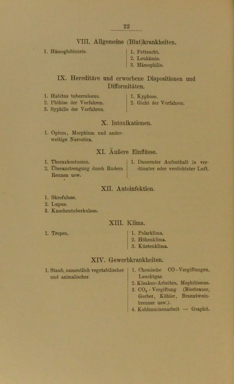 VIII. Allgemeine (Blut)krankheiten. 1. Hämoglobinurie. 1. Fettsucht. 2. Leukämie. 3. Hämophilie, IX. Hereditäre und erworbene Dispositionen und Difformitäten. 1. Habitus tuberculosus. 1. Kyphose. 2. Phthise der Vorfahren. 2. Gicht der Vorfahren. 3. Syphilis der Vorfahren. X. Intoxikationen. 1. Opium, Morphium und ander- weitige N arcotica. XI. Äußere Einflüsse. 1. Thoraxkontusion. 2. Überanstrengung durch Rudern Rennen usw. 1. Dauernder Aufenthalt in ver- dünnter oder verdichteter Luft. XII. Autoinfektion. 1. Skrofulöse. 2. Lupus. 3. Knochentuberkulose. 1. Tropen. XHI. Klima. 1. Polarklima. 2. Höhenklima. 3. Küstenklima. XIV. Gewerbkranklieiten. 1. Staub, namentlich vegetabilischer und animalischer. 1. Chemische CO - Vergiftungen, Leuchtgas. 2. Kloaken-Arbeiten, Mephitismus. 3. C02 - Vergiftung (Bierbrauer, Gerber, Köhler, Branntwein- brenner usw.). | 4. Kohlenminenarbeit — Graphit.