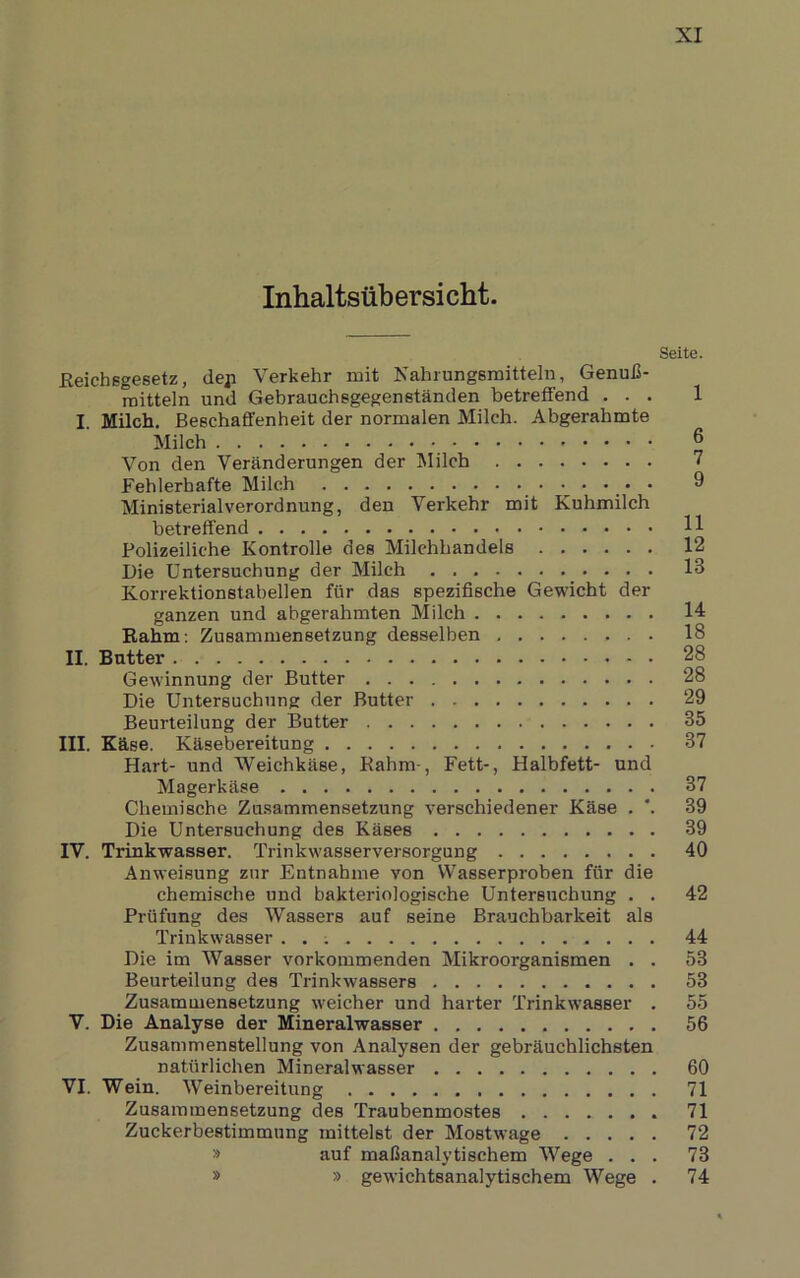 Inhaltsübersicht. Seite. Reichsgeeetz, deji Verkehr mit Nahrungsmitteln, Genuß- roitteln und Gebrauchsgegenständen betreffend ... 1 I. Milch. Beschaffenheit der normalen Milch. Abgerahmte Milch ® Von den Veränderungen der Älilch 7 Fehlerhafte Milch 9 Ministerialverordnung, den Verkehr mit Kuhmilch betreffend H Polizeiliche Kontrolle des Milchhandels 12 Die Untersuchung der Milch . 13 Korrektionstabellen für das spezifische Gewicht der ganzen und abgerahmten Milch 14 Rahm: Zusammensetzung desselben 18 II. Butter 28 Gewinnung der Butter 28 Die Untersuchung der Butter 29 Beurteilung der Butter 35 III. Käse. Käsebereitung 37 Hart- und Weichkäse, Rahm-, Fett-, Halbfett- und Magerkäse 37 Chemische Zusammensetzung verschiedener Käse . '. 39 Die Untersuchung des Käses 39 IV. Trinkwasser. Trinkwasserversorgung 40 Anweisung zur Entnahme von Wasserproben für die chemische und bakteriologische Untersuchung . . 42 Prüfung des Wassers auf seine Brauchbarkeit als Trinkwasser . . ; 44 Die im Wasser vorkommenden Mikroorganismen . . 53 Beurteilung des Trinkwassere 53 Zusammensetzung weicher und harter Trinkwaseer . 55 V. Die Analyse der Mineralwasser 56 Zusammenstellung von Analysen der gebräuchlichsten natürlichen Mineralwasser 60 VI. Wein. Weinbereitung 71 Zusammensetzung des Traubenmostes 71 Zuckerbestimmung mittelst der Mostwage 72 » auf maßanalytischem Wege ... 73 » » gewichtsanalytischem Wege . 74