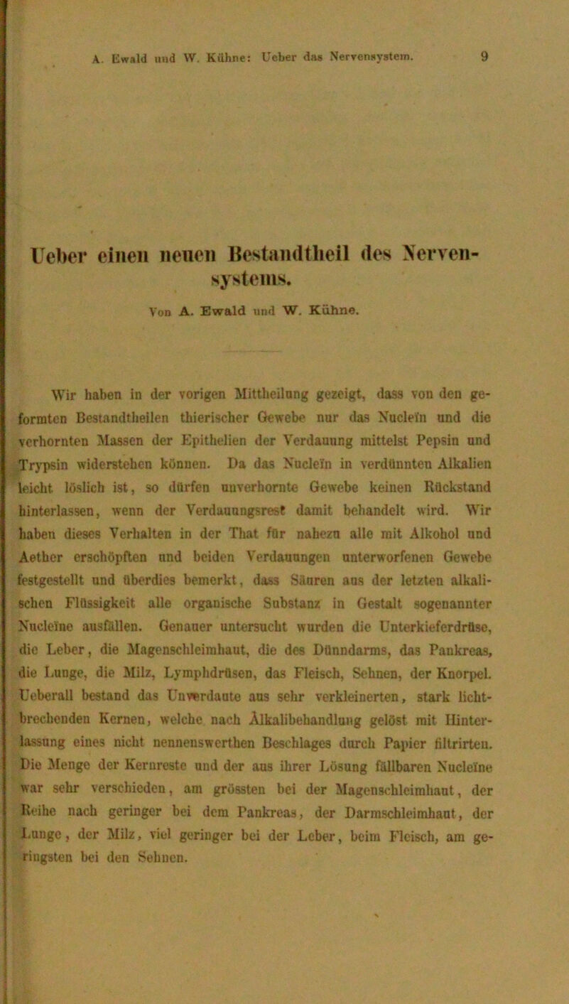 lieber einen neuen Bestandtheil des Nerven Systems. Von A. Ewald und W. Kühne. Wir haben in der vorigen Mittheilung gezeigt, dass von den ge- formten Bestandteilen tierischer Gewebe nur das Nuclein und die verhornten Massen der Epithelien der Verdauung mittelst Pepsin und Trypsin widerstehen können. Da das Nudeln in verdünnten Alkalien leicht, löslich ist, so dürfen unverhorate Gewebe keinen Rückstand hinterlassen, wenn der Verdauungsrest damit behandelt wird. Wir haben dieses Verhalten in der That für nahezn alle mit Alkohol und Aether erschöpften und beiden Verdauungen unterworfenen Gewebe festgestellt und überdies bemerkt, das3 Säuren aus der letzten alkali- schen Flüssigkeit alle organische Substanz in Gestalt sogenannter Nucleine ausfallen. Genauer untersucht wurden die Unterkieferdrüse, die Leber, die Magenschleimhaut, die des Dünndarms, das Paukreas, die Lunge, die Milz, Lymphdrüsen, das Fleisch, Sehnen, der Knorpel. Ueberall bestand das Unverdaute aus sehr verkleinerten, stark licht- brechenden Kernen, welche nach Alkalibebandlung gelöst mit Hinter- lassung eines nicht nennenswerthen Beschlages durch Papier filtrirteu. Die Menge der Kernreste und der aus ihrer Lösung fällbaren Nucleine war sehr verschieden, am grössten bei der Magenschleimhaut, der Reihe nach geringer bei dem Pankreas, der Darmschleimhant, der Lunge , der Milz, viel geringer bei der Leber, beim Fleisch, am ge- ringsten bei den Sehnen.