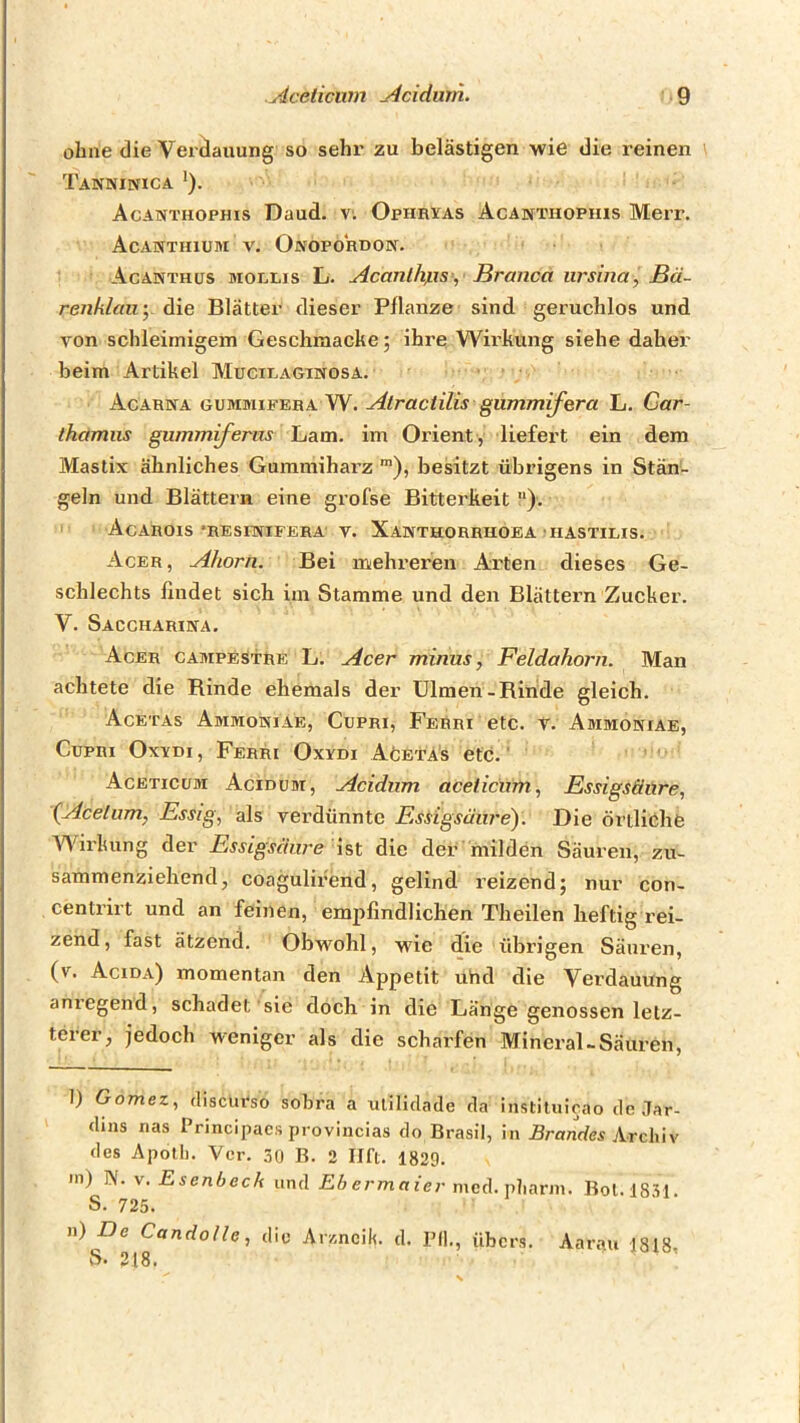 ohne die Verdauung so sehr zu belästigen wie die reinen Tänninica *). Acanthophis Daud. v. Ophryas Acabtthophis Herr. Acanthium V. Ojvoporooiv. Acanthüs MORRIS L. Acanlhjas, Branca ursina, Bä- renklau',, die Blätter dieser Pflanze sind geruchlos und von schleimigem Geschmacke; ihre Wirkung siehe daher heim Artikel Muciragtnosa. Acarna gummifera W. Atractilis gummifera L, Gar- thamiis gummiferiis Lam. im Orient, liefert ein dem Mastix ähnliches Gummiharz ™), besitzt übrigens in Stän- geln und Blättern eine grofse Bitterkeit “). AcAROIS •RESIWIFERA V. XaNTHORRHOEA ' IIASTIRIS. Acer, Ahorn. Bei mehreren Arten dieses Ge- schlechts findet sich im Stamme und den Blättern Zucker. V. Sacchariiva. Acer campestre L. Acer minus, Feldahorn. Man achtete die Rinde ehemals der Ulmen-Rinde gleich. Acetas Ammokiae, Cupri, FeRri etc. v. Ammoniae, CupRi OxYDi, Ferri Oxydi AöetAs etc.' ■ ' Aceticum Acidum, Acidum aceticum, Essigsäure, {Aceliim, Essig, als verdünnte Esiigsäive). Die örtliche Wirkung der Essigsäure ist die der milden Säuren, zu- sammenziehend, coagulirend, gelind reizend; nur con- centrirt und an feinen, empfindlichen Theilen heftig rei- zend, fast ätzend. Obwohl, wfie die übrigen Säiu’en, (v. Acida) momentan den Appetit uhd die Verdauung anregend, schadet sie doch in die Länge genossen letz- terer, jedoch weniger als die scharfen Mineral-Säuren, 1) Gomez, discurso sobra a ulilidade da instiuiicao de Jar- dms nas Principacs proviiicias do Brasil, in iJranrfes Archiv des Apoll). Vor. 30 B. 2 Ilft. 1829. in) i\. v. Esenbech und Eb ermnier mcd. pliarm. Bol. 18vl. S. 725. n) De Candolle, die Aiv-neik. d. IMl., übers. Aarau 1818,