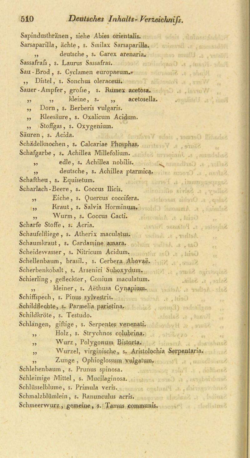 Sapinduslhranen, siehe Abies orientalis. Sarsaparilla, ächte, s. Smilax Sarsaparilla. ,, deutsche, s. Garex arenaria. Sassafrafs, s. Laurus Sassafras. Sau - Brod , s. Cyclamen europaeum.«* ,, Distel, s. Sonchus oleraceus. Sauer - Ampfer, grofse, s. Rumex acetosa. „ kleine, s. ,, acetosella. Dorn, s. Berberis vulgaris. Kleesäure, s. Oxalicum Acidum. „ Stoffgas, s. Oxygenium. Säuren, s. Acida. Schädelknochen, s. Calcariae Phosphas. Schafgarbe , s. Achillea Millefolium. „ edle, s. Achillea nobilis. ,, deutsche, s. Achillea ptarmica. Schaftheu, s. Ecjuisetum. Scharlach-Beere, s. Coccus Ilicis. ü'i jj 7} 77 , 1111(11 ,, Eiche, s. QuerCus coccifera. »Rift jirj'j* ! » „ Kraut, s. Salvia Horminum.' ! ) ’inomm/ „ Wurm, s. Coccus Cacti. , Id , > Scharfe Stoffe, s. Acria. ii‘ skuaIuS .i Schaufelfliege, s. Atherix maculatus. ■ ii, .» ,vulJ»A. Schaumkraut, s. Cardamine ainara. ik .i tzr.0 Scheidewasser, s. Nitricum Acidum. •',0 .z , Schellenbaum, brasil., s. Cerbera Ahovae. i) l rt ‘ f Scherbenkobalt, s. Arsenici Subpxydum. xrtvYiZ Schierling, gefleckter, Conium maculatum. .r.iii.ri ,, kleiner, s. Aethusa Cynapium. 1 1 f .iftftlsA- .? *ni Schiffspech, s. Pinus sylvestris. Schildflechte, s. Parmelia parietina. Schildkröte, s. Testudo. Schlangen, giftige, s. Serpentes venenali. ,, Holz, s. Strychnos colubrina. „ Wurz , Polygonum Bistorla. „ Wurzel, virginische, s. Aristolochia Serpentaria ,, Zunge , Ophioglossum vplgalum. Schlehenbaum, s. Prunus spinosa. Schleimige Mittel, s. Mucilaginosa. Schlüsselblume, s. Primula veris. Schmalzblümlein, s. Ranunculus acris. Schmeerwurz, gemeine, s. Tamus communis.