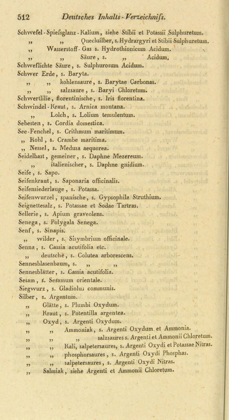 Schwefel - Spiefsglanz - Kalium, siehe Stibii et Potassii Sulphuretum. „ ,, Quecksilber, s. Hydrargyri et Stibii Sulphuretum. „ Wasserstoff-Gas s. Hydrothionicum Acidum. v ,, „ Säure, s. ,, Acidum. Schweflichte Saure, s. Sulphurosum Acidum. Schwer Erde, s. Baryta. „ „ kohlensaure, s. Barytae Carbonas. „ „ salzsaure, s. Baryi Chloretum. Schwertlilie, florentinische, s. Iris florenlina. Schwindel - Kraut, s. Arnica montana. ,, Lolch, s. Lolium temulentum. Sebesten, s. Cordia domestica. See-Fenchel, s. Crithmum marilimum. ,, Kohl, s. Crambe maritima. ,, Nessel, s. Medusa aequorea. Seidelbast, gemeiner, s. Daphne Mezereum. ,, italienischer, s. Daphne gnidium. Seife, s. Sapo. Seifenkraut, s. Saponaria officinalis. Seifensiederlauge , s. Potassa. Seifenwurzel, spanische, s. Gypsophila Slruthium. Seignettesalz, s. Potassae et Sodae Tartras. Sellerie, s. Apium graveolens. Senega, s. Polygala Senega. Senf, s. Sinapis. ,, wilder, s. Sisymbrium officinale. Senna, s. Cassia aculifolia etc. ,, deutsche, s. Colutea arborescens. Sennesblasenbaum, s. ,, ,, Sennesblätter, s. Cassia acutifolia. Sesam , i. Sesamum orientale. Siegwurz, s. Gladiolui communis. 1 Silber, s. Argentum. ,, Glätte, s. Plumbi Oxydum. „ Kraut, s. Potentilla argentea. „ Oxyd, s. Argenti Oxydum. „ Ammoniak, s. Argenti Oxydum et Ammonia. salzsaures s. Argenti et Ammonii Chloretum. ,, Kali, salpelersaures, s. Argenti Oxydi et Potassae Nilras. ,, phosphorsaures, s. Argenti Oxydi Phosphas. ,, salpetersaures, s. Argenti Oxydi Nitras. Salmiak, siehe Argenti et Ammonii Chloretum. »