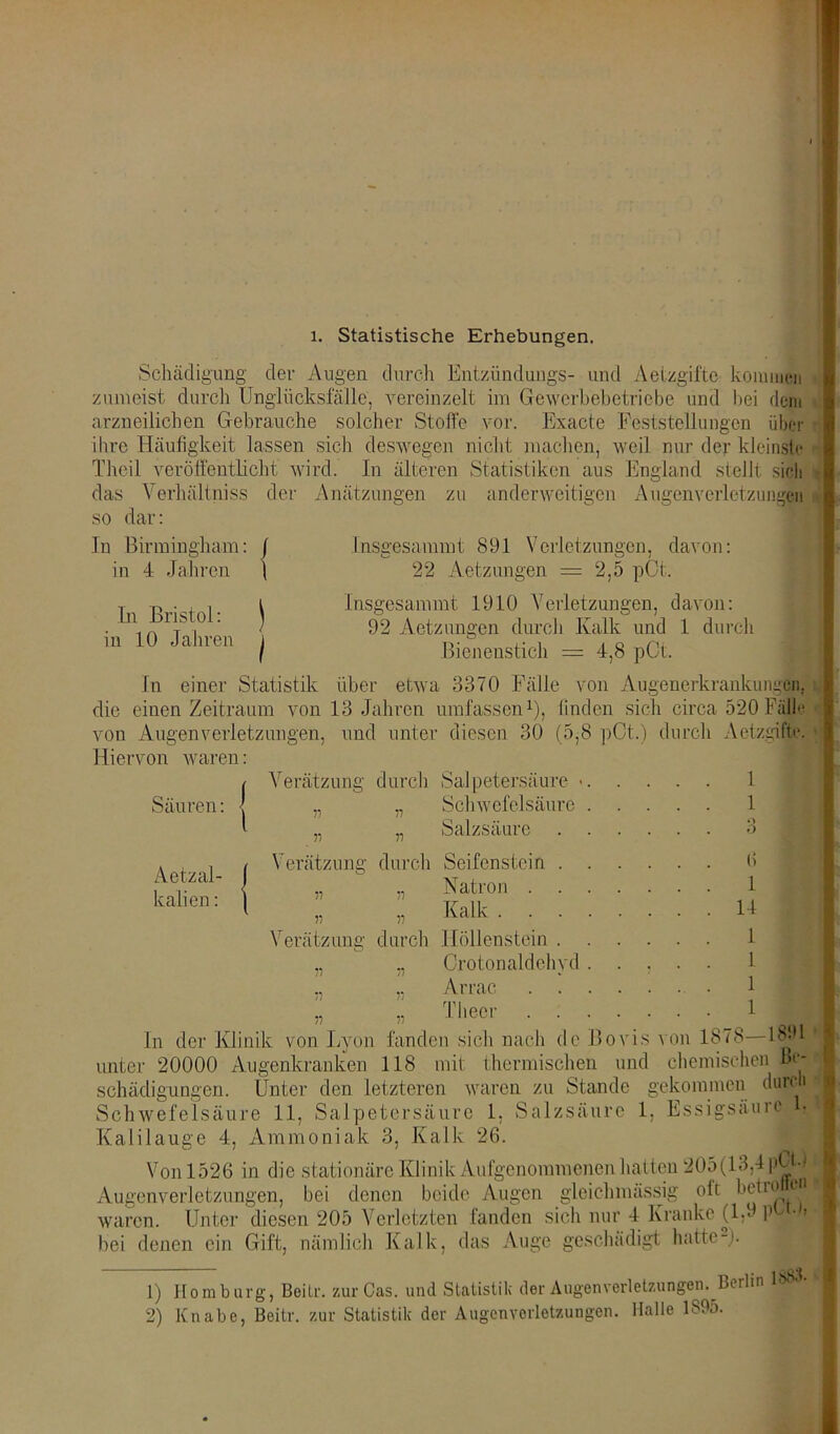 i. Statistische Erhebungen. Schädigung der Augen durch Entzündungs- und Aetzgiftc kommen zumeist durch Unglücks fälle, vereinzelt im Gewerbebetriebe und bei dem arzneilichen Gebrauche solcher Stoffe vor. Exacte Feststellungen über ihre Häufigkeit lassen sich deswegen nicht machen, weil nur der kleinste Theil veröffentlicht wird. In älteren Statistiken aus England stellt sich das Verhältniss der Anätzungen zu anderweitigen Augenvcrletzungen so dar: In Birmingham: j in 4 Jahren \ In Bristol: j in 10 Jahren j Insgesammt 891 Verletzungen, davon: 22 Aetzungen = 2,5 pCt. Insgesammt 1910 Verletzungen, davon: 92 Aetzungen durch Kalk und 1 durch Bienenstich = 4,8 pCt. In einer Statistik über etwa 3370 Fälle von Augenerkrankungei!, die einen Zeitraum von 13 Jahren umfassen1), finden sich circa 520 F;ill<* von Augenverletzungen, und unter diesen 30 (5,8 pCt.) durch Aetzgifte. Hiervon waren: Säuren: I i Verätzung durch Salpetersäure ■ „ „ Schwefelsäure „ ,, Salzsäure 1 1 Aetzal- kalien: Verätzung durch Seifenstein Natron . Verätzung » durch 6 1 14 1 1 1 1 Höllenstein . Crotonaldehvd „ ,, Arrac . . ” ” TheCr • ' _ In der Klinik von Lyon fanden sich nach de Bovis von 1878—18|d unter 20000 Augenkranken 118 mit thermischen und chemischen Be- schädigungen. Unter den letzteren waren zu Stande gekommen durch Schwefelsäure 11, Salpetersäure 1, Salzsäure 1, Essigsäure L Kalilauge 4, Ammoniak 3, Kalk 26. Von 1526 in die stationäre Klinik Aufgenommenen hatten 205(13,4 p • Augenverletzungen, bei denen beide Augen gleichmässig oft betro en waren. Unter diesen 205 Verletzten fanden sich nur 4 Kranke (1,9 p •» bei denen ein Gift, nämlich Kalk, das Auge geschädigt hatte-). f) Homburg, Beite. zurOas. und Statistik der Augenverletzungen. Berlin 1883.