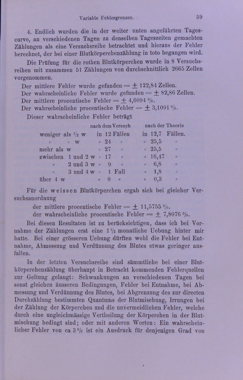 4. Endlich wurden die in der weiter unten angeführten Tages- curve, an verschiedenen Tagen zu denselben Tageszeiten gemachten Zählungen als eine Versuchsreihe betrachtet und hieraus der Fehler berechnet, der bei einer Blutkörperchenzählung in toto begangen wird. Die Prüfung für die rothen Blutkörperchen wurde in 8 Versuchs- reihen mit zusammen 51 Zählungen von durchschnittlich 2665 Zellen vorgenommen. Der mittlere Fehler wurde gefunden = + 122,84 Zellen. Der wahrscheinliche Fehler wurde gefunden = + 82,86 Zellen. Der mittlere procentische Fehler = + 4,6094 %. Der wahrscheinliche procentische Fehler = + 3,1091 %. Dieser wahrscheinliche Fehler beträgt nach dem Versuch weniger als Va w in 12 Fällen s sW s 24 s mehr als w s 27 s zwischen 1 und 2w » 17 = = 2 und 3 w = 9 = 3 und 4 w = 1 Fall über 4 w = 0 * nach der Theorie in 12,7 Fällen, s 25,5 s 25,5 * 16,47 * 6,8 s 1,8 * 0,3 Für die weissen Blutkörperchen ergab sich bei gleicher Ver- suchsanordnung der mittlere procentische Fehler = + 11,5755 %. der wahrscheinliche procentische Fehler = + 7,8076 %. Bei diesen Resultaten ist zu berücksichtigen, dass ich bei Vor- nahme der Zählungen erst eine 1 ’/2 monatliche Uebung hinter mir hatte. Bei einer grösseren Uebung dürften wohl die Fehler bei Ent- nahme, Abmessung und Verdünnung des Blutes etwas geringer aus- fallen. In der letzten Versuchsreihe sind sämmtliche bei einer Blut- körperchenzählung überhaupt in Betracht kommenden Fehlerquellen zur Geltung gelangt: Schwankungen an verschiedenen Tagen bei sonst gleichen äusseren Bedingungen, Fehler bei Entnahme, bei Ab- messung und Verdünnung des Blutes, bei Abgrenzung des zur directen Durchzählung bestimmten Quantums der Blutmischung, Irrungen bei der Zählung der Körperchen und die unvermeidlichen Fehler, welche durch eine ungleichmässige Verkeilung der Körperchen in der Blut- mischung bedingt sind; oder mit anderen Worten: Ein wahrschein- licher Fehler von ca 3% ist ein Ausdruck für denjenigen Grad von