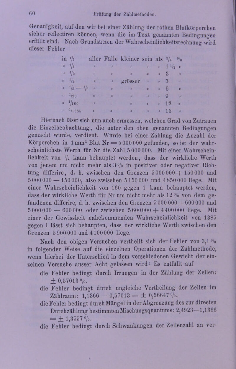 Genauigkeit, auf den wir bei einer Zählung der rothen Blutkörperchen sicher reflectiren können, wenn die im Text genannten Bedingungen erfüllt sind. Nach Grundsätzen der Wahrscheinlichkeitsrechnung wird dieser Fehler in J/7 aller Fälle kleiner sein als = 1/4 * * * * * V* * - * » - s V-2 = s grösser = * Vs-Ve * 5 1/23 = = = = S ‘/l G 0 9 9 = = 3/4 % 1 V-2 ^ 3 = 3 = 6 9 = 12 = 5 1/13 s 5 = 15 Hiernach lässt sich nun auch ermessen, welchen Grad von Zutrauen die Einzelbeobachtung, die unter den oben genannten Bedingungen gemacht wurde, verdient. Wurde bei einer Zählung die Anzahl der Körperchen in 1mm3 Blut Nr = 5 000 000 gefunden, so ist der wahr- scheinlichste Werth für Nr die Zahl 5 000 000. Mit einer Wahrschein- lichkeit von V2 kann behauptet werden, dass der wirkliche Werth von jenem um nicht mehr als 3% in positiver oder negativer Rich- tung differire, d. h. zwischen den Grenzen 5000000 + 150000 und 5000000 — 150000, also zwischen 5 150000 und 4850000 liege. Mit einer Wahrscheinlichkeit von 160 gegen 1 kann behauptet werden, dass der wirkliche Werth für Nr um nicht mehr als 12°/o von dem ge- fundenen differire, d. h. zwischen den Grenzen 5 000 000 + 600 000 und 5 000 000 — 600000 oder zwischen 5 600000 + 4400 000 liege. Mit einer der Gewissheit nahekommenden Wahrscheinlichkeit von 1385 gegen l lässt sich behaupten, dass der wirkliche Werth zwischen den Grenzen 5 900 000 und 4 100000 liege. Nach den obigen Versuchen vertheilt sich der Fehler von 3,1 % in folgender Weise auf die einzelnen Operationen der Zählmethode, wenn hierbei der Unterschied in dem verschiedenen Gewicht der ein- zelnen Versuche ausser Acht gelassen wird: Es entfällt auf die Fehler bedingt durch Irrungen in der Zählung der Zellen: ± 0,57013%. die Fehler bedingt durch ungleiche Vertheilung der Zellen im Zählraum: 1,1366 — 0,57013 = ± 0,56647%. die Fehler bedingt durch Mängel in der Abgrenzung des zur directen Durchzählung bestimmten Mischungsquantums: 2,4923—1,1366 = + 1,3557 %. die Fehler bedingt durch Schwankungen der Zeilenzahl an ver-