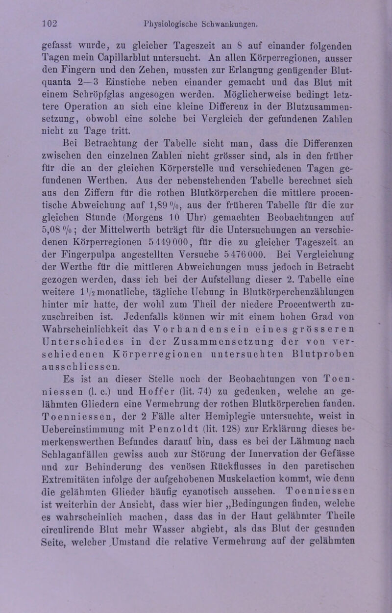 gefasst wurde, zu gleicher Tageszeit au 8 auf einander folgenden Tagen mein Capillarblut untersucht. An allen Körperregionen, ausser den Fingern und den Zehen, mussten zur Erlangung genügender Blut- quanta 2—3 Einstiche neben einander gemacht und das Blut mit einem Schröpfglas augesogen werden. Möglicherweise bedingt letz- tere Operation an sich eine kleine Differenz in der Blutzusammeu- setzung, obwohl eine solche bei Vergleich der gefundenen Zahlen nicht zu Tage tritt. Bei Betrachtung der Tabelle sieht man, dass die Differenzen zwischen den einzelnen Zahlen nicht grösser sind, als in den früher für die an der gleichen Körperstelle und verschiedenen Tagen ge- fundenen Werthen. Aus der nebenstehenden Tabelle berechnet sich aus den Ziffern für die rothen Blutkörperchen die mittlere procen- tische Abweichung auf 1,89%, aus der früheren Tabelle für die zur gleichen Stunde (Morgens 10 Uhr) gemachten Beobachtungen auf 5,08%; der Mittelwerth beträgt für die Untersuchungen an verschie- denen Körperregionen 5449 000, für die zu gleicher Tageszeit an der Fingerpulpa angestellten Versuche 5 476000. Bei Vergleichung der Werthe für die mittleren Abweichungen muss jedoch in Betracht gezogen werden, dass ich bei der Aufstellung dieser 2. Tabelle eine weitere 1 ',2 monatliche, tägliche Uebung in Blutkörperchenzählungen hinter mir hatte, der wohl zum Theil der niedere Procentwerth zu- zuschreiben ist. Jedenfalls können wir mit einem hohen Grad von Wahrscheinlichkeit das Vorhandensein eines grösseren Unterschiedes in der Zusammensetzung der von ver- schiedenen Körperregionen untersuchten Blutproben aus sch Hessen. Es ist an dieser Stelle noch der Beobachtungen von Toen- niessen (1. c.) und Hoffer (lit. 74) zu gedenken, welche an ge- lähmten Gliedern eine Vermehrung der rothen Blutkörperchen fanden. Toenniessen, der 2 Fälle alter Hemiplegie untersuchte, weist in Uebereinstimmung mit Penzoldt (lit. 128) zur Erklärung dieses be- merkenswerthen Befundes darauf hin, dass es bei der Lähmung nach Schlaganfälleu gewiss auch zur Störung der Innervation der Gefässe und zur Behinderung des venösen Rückflusses in den paretischen Extremitäten infolge der aufgehobenen Muskelaction kommt, wie denn die gelähmten Glieder häufig cyanotisch aussehen. Toenniessen ist weiterhin der Ansicht, dass wier hier „Bedingungen finden, welche es wahrscheinlich machen, dass das in der Haut gelähmter Theile circulirende Blut mehr Wasser abgiebt, als das Blut der gesunden Seite, welcher ,Umstand die relative Vermehrung auf der gelähmten