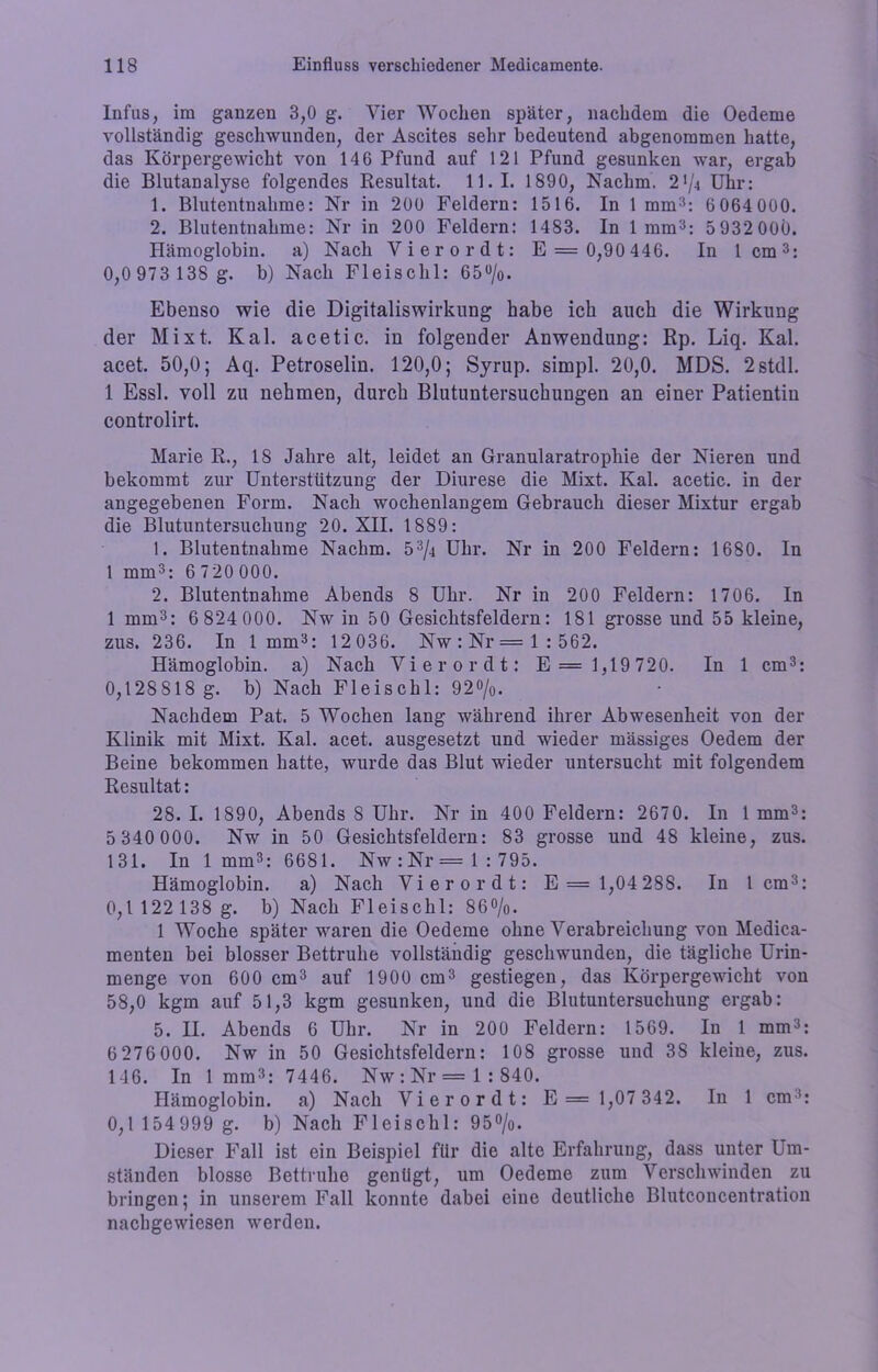 Infus, im ganzen 3,0 g. Vier Wochen später, nachdem die Oedeme vollständig geschwunden, der Ascites sehr bedeutend abgenommen hatte, das Körpergewicht von 146 Pfund auf 121 Pfund gesunken war, ergab die Blutanalyse folgendes Resultat. 11. I. 1890, Nachm. 2% Uhr: 1. Blutentnahme: Nr in 200 Feldern: 1516. In 1 mm:t; 6 064 000. 2. Blutentnahme: Nr in 200 Feldern: 1483. In 1mm3: 5932000. Hämoglobin, a) Nach Vierordt: E = 0,90 446. In 1 cm3: 0,0 973 138 g. b) Nach Fleischl: 65°/o. Ebenso wie die Digitaliswirkling habe ich auch die Wirkung der Mixt. Kal. acetic. in folgender Anwendung: Rp. Liq. Kal. acet. 50,0; Aq. Petroselin. 120,0; Syrup. simpl. 20,0. MDS. 2stdl. 1 Essl, voll zu nehmen, durch Blutuntersuchungen an einer Patientin controlirt. Marie R., 18 Jahre alt, leidet an Granularatrophie der Nieren und bekommt zur Unterstützung der Diurese die Mixt. Kal. acetic. in der angegebenen Form. Nach wochenlangem Gebrauch dieser Mixtur ergab die Blutuntersuchung 20. XII. 1889: 1. Blutentnahme Nachm. 5% Uhr. Nr in 200 Feldern: 1680. In 1 mm3: 6 720 000. 2. Blutentnahme Abends 8 Uhr. Nr in 200 Feldern: 1706. In 1 mm3: 6 824 000. Nw in 50 Gesichtsfeldern: 181 grosse und 55 kleine, zus. 236. In 1mm3: 12 036. Nw : Nr = 1:562. Hämoglobin, a) Nach Vierordt: E= 1,19 720. In 1 cm3: 0,128818 g. b) Nach Fleischl: 92%. Nachdem Pat. 5 Wochen lang während ihrer Abwesenheit von der Klinik mit Mixt. Kal. acet. ausgesetzt und wieder massiges Oedem der Beine bekommen hatte, wurde das Blut wieder untersucht mit folgendem Resultat: 28. I. 1890, Abends 8 Uhr. Nr in 400 Feldern: 2670. In 1 mm3: 5 340 000. Nw in 50 Gesichtsfeldern: 83 grosse und 48 kleine, zus. 131. In 1mm3: 6681. Nw:Nr= 1:795. Hämoglobin, a) Nach Vierordt: E= 1,04 288. In 1 cm3: 0,1 122 138 g. b) Nach Fleischl: 86%. 1 Woche später waren die Oedeme ohne Verabreichung von Medica- menten bei blosser Bettruhe vollständig geschwunden, die tägliche Urin- menge von 600 cm3 auf 1900 cm3 gestiegen, das Körpergewicht von 58,0 kgm auf 51,3 kgm gesunken, und die Blutuntersuchung ergab: 5. H. Abends 6 Uhr. Nr in 200 Feldern: 1569. In 1 mm3: 6 276 000. Nw in 50 Gesichtsfeldern: 108 grosse und 38 kleine, zus. 146. In 1mm3: 7446. Nw:Nr= 1:840. Hämoglobin, a) Nach Vierordt: E= 1,07 342. In 1 cm3: 0,1 154999 g. b) Nach Fleischl: 95%. Dieser Fall ist ein Beispiel für die alte Erfahrung, dass unter Um- ständen blosse Bettruhe genügt, um Oedeme zum Verschwinden zu bringen; in unserem Fall konnte dabei eine deutliche Blutconcentration nachgewiesen werden.