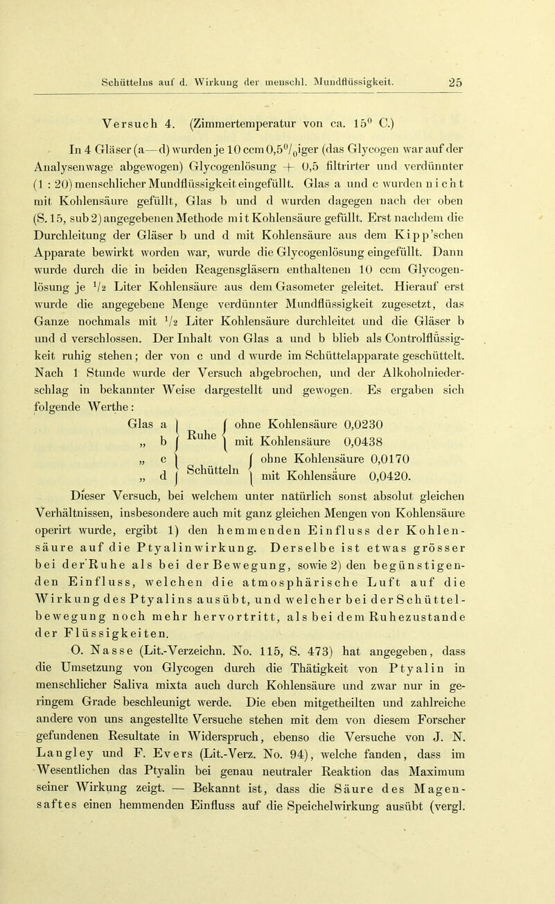 Versuch 4. (Zimmertemperatur von ca. 15** C.) In 4 Gläser (a—d) wurden je 10 ccm 0,5**/oiger (das Glycogen war auf der Analysenwage abgewogen) Glycogenlösung + 0,5 hltrirter und verdünnter (1 : 20) menschlicher Mundflüssigkeit eingefüllt. Glas a und c wurden nicht mit Kohlensäure gefüllt, Glas b und d wurden dagegen nach der oben (S. 15, sub 2) angegebenen Methode mit Kohlensäure gefüllt, Erstnaclidem die Durchleitung der Gläser b und d mit Kohlensäure aus dem Kipp'sehen Apparate bewirkt worden war, wurde die Glycogenlösung eingefüllt. Dann wurde durch die in beiden Reagensgläsern enthaltenen 10 ccm Glycogen- lösung je Liter Kohlensäure aus dem Gasometer geleitet. Hierauf erst wurde die angegebene Menge verdünnter Mundflüssigkeit zugesetzt, das Ganze nochmals mit Liter Kohlensäure durchleitet und die Gläser b und d verschlossen. Der Inhalt von Glas a und b blieb als Controlflüssig- keit ruhig stehen; der von c und d wurde im Schüttelapparate geschüttelt. Nach 1 Stunde wurde der Versuch abgebrochen, und der Alkoholnieder- schlag in bekannter Weise dargestellt und gewogen. Es ergaben sich folgende Werthe: Glas a I j ohne Kohlensäure 0,0230 „ b J Ruhe I Kohlensäure 0,0438 „ c I I ohne Kohlensäure 0,0170 „ d j Schütteln ^ Kohlensäure 0,0420. Dieser Versuch, bei welchem unter natürlich sonst absolut gleichen Verhältnissen, insbesondere auch mit ganz gleichen Mengen von Kohlensäure operirt wurde, ergibt 1) den hemmenden Einfluss der Kohlen- säure auf die Ptyalinwirkung. Derselbe ist etwas grösser bei derRuhe als bei derBewegung, sowie 2) den begünstigen- den Einfluss, welchen die atmosphärische Luft auf die Wi rkungdesPtyalins ausübt, und welcherbeiderSc hüttel- bewegung noch mehr hervortritt, als bei dem Ruhezustände der Flüssigkeiten. O. Nasse (Lit.-Verzeichn. No. 115, S. 473) hat angegeben, dass die Umsetzung von Glycogen durch die Thätigkeit von Ptyalin in menschlicher Saliva mixta auch durch Kohlensäure und zwar nur in ge- ringem Grade beschleunigt werde. Die eben mitgetheilten und zahlreiche andere von uns angestellte Versuche stehen mit dem von diesem Forscher gefundenen Resultate in Widerspruch, ebenso die Versuche von J. N. Langley und F. Evers (Lit.-Verz. No. 94), welche fanden, dass im Wesentlichen das Ptyalin bei genau neutraler Reaktion das Maximum seiner Wirkung zeigt. — Bekannt ist, dass die Säure des Magen- saftes einen hemmenden Einfluss auf die Speichelwirkung ausübt (vergl.