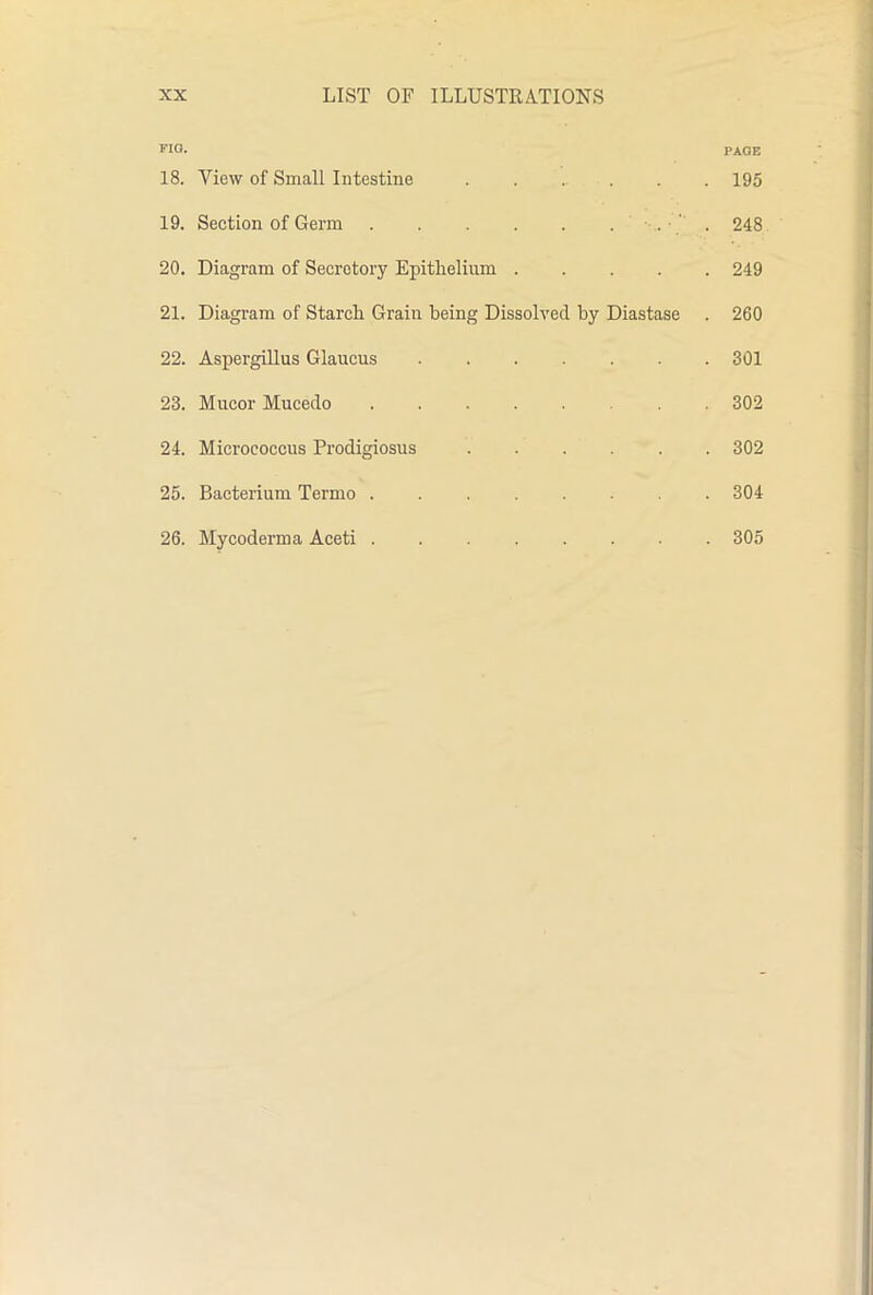 FIG. PAGE 18. View of Small Intestine . 195 19. Section of Germ . • ' . 248 20. Diagram of Secretory Epithelium .... . 249 21. Diagram of Starch Grain being Dissolved by Diastase . 260 22. Aspergillus Glaucus . 301 23. Mucor Mucedo . 302 24. Micrococcus Prodigiosus ..... . 302 25. Bacterium Termo . 304 26. Mycoderma Aceti ....... . 305