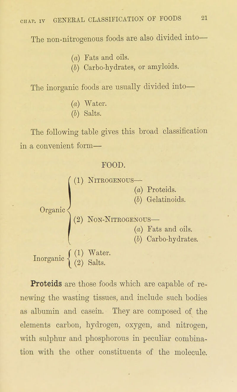 ciiAr. iv The lion-nitrogenous foods are also divided into— (a) Fats and oils. (p) Carbo-hydrates, or amyloids. The inorganic foods are usually divided into— (ft) Water. (b) Salts. The following table gives this broad classification hi a convenient form— FOOD. ( (1) Nitrogenous— 1 (ft) Proteids. 1 (b) Gelatinoids. Organic ^ ] (2) Non-Nitrogenous— I (ft) Fats and oils, f (b) Carbo-hydrates. . f (1) Water. Inorganic j (2) ^ Proteids are those foods which are capable of re- newing the wasting tissues, and include such bodies as albumin and casein. They are composed of the elements carbon, hydrogen, oxygen, and nitrogen, with sulphur and phosphorous in peculiar combina- tion with the other constituents of the molecule.