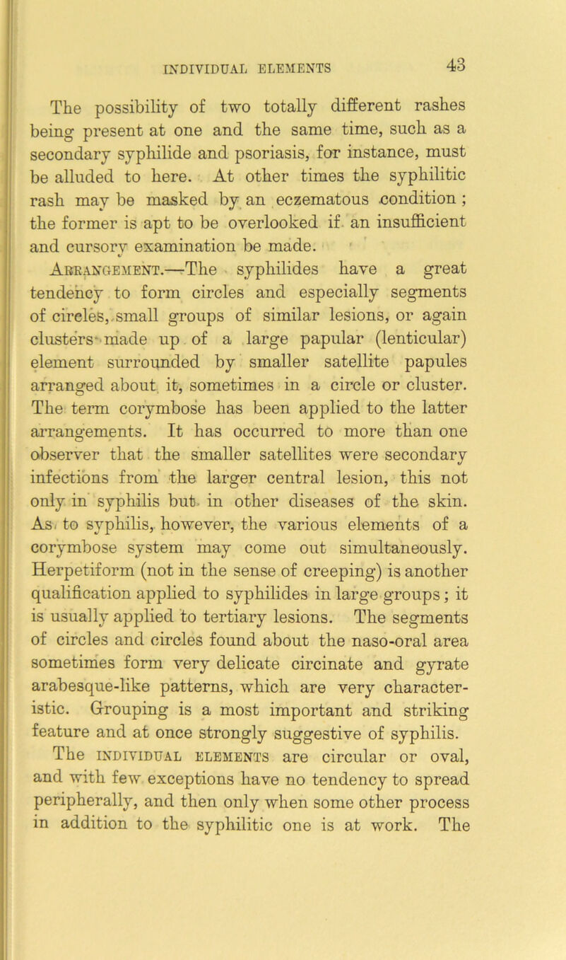 The possibility of two totally different rashes being present at one and the same time, such as a secondary syphilide and psoriasis, for instance, must be alluded to here. At other times the syphilitic rash may be masked by an eczematous oondition; the former is apt to be overlooked if. an insufficient and cursorv examination be made. t.' AbranCtEMENT.—rThe > syphilides have a great tendency to form circles and especially segments of circles,.small groups of similar lesions, or again clusters*'made up of a large papular (lenticular) element surrounded by smaller satellite papules arranged about, it, sometimes in a circle or cluster. The term corymbose has been applied to the latter arrano-ements. It has occurred to more than one O > observer that the smaller satellites were secondary infections from’ the larger central lesion, this not only in' syphilis but. in other diseases of the skin. As< to syphilis, however, the various elements of a corymbose system may come out simultaneously. Herpetiform (not in the sense of creeping) is another qualification applied to syphilides in large groups; it is usually applied to tertiary lesions. The segments of circles and circles found about the naso-oral area sometinies form very delicate circinate and gyrate arabesque-like patterns, which are very character- istic. Grouping is a most important and striking feature and at once strongly suggestive of syphilis. The INDIVIDUAL ELEMENTS are circular or oval, and with few exceptions have no tendency to spread peripherally, and then only when some other process in addition to the syphilitic one is at work. The