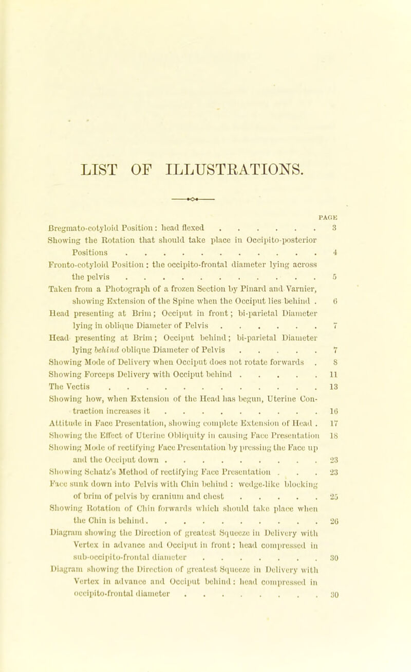 LIST OF ILLUSTRATIONS. PAGE Bregraato-cotyloid Position: head flexed 3 Showing the Rotation that should take place in Occipito-posterior Positions 4 Fronto-eotyloid Position : the occipito-frontal diameter lying across the pelvis . 5 Taken from a Photograph of a frozen Section by Pinard and Yarnier, showing Extension of the Spine when the Occiput lies behind . 0 Head presenting at Brim; Occiput in front; bi-parietal Diameter lying in oblique Diameter of Pelvis 7 Head presenting at Brim; Occiput behind; bi-parietal Diameter lying behind oblique Diameter of Pelvis 7 Showing Mode of Delivery wheu Occiput does not rotate forwards . S Showing Forceps Delivery with Occiput behind 11 The Vectis 18 Showing how, when Extension of the Head has begun, Uterine Con- traction increases it 10 Attitude in Face Presentation, showing complete Extension of Head . 17 Showing the lilfect of Uterine Obliquity in causing Face Presentation 18 Showing Mode of rectifying Face Presentation by pressing the Face up and the Occiput down 23 Showing Schatz's Method of rectifying Face Presentation ... 23 Fice sunk down into Pelvis with Chin behind : wedge-like blocking of brim of pelvis by cranium and chest 25 Showing Rotation of Chin forwards which should take place when the Chin is behind 20 Diagram showing the Direction of greatest Squeeze in Delivery with Vertex in advance and Occiput in front: head compressed in sub-occipito-frontal diameter 30 Diagram showing the Direction of greatest Squeeze in Delivery with Vertex in advance and Occiput behind: head compressed in OCCipitO-frontal diameter :J0