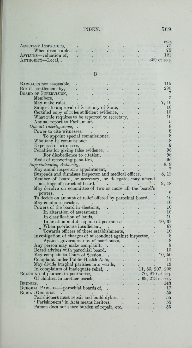 PAGE Assistant Inspectors, . . . . . 77 When disraissable, . . • • . .75 Asylums—valuation of, . . . . .121 Authority—Local, ...... 359 et seq. B Barracks not assessable, . . . . . .115 Birth—settlement by, ...... 290 Board of Supervision, ...... 7 Members, ....... 7 May make rules, . . . . . . 7, 10 Subject to approval of Secretary of State, . . _. 10 Certified copy of rules sufficient evidence, ... 10 What rule requires to be reported to secretary, . . 10 Annual report to Parliament, .... 5 Official Investigations, ...... 8 Power to cite witnesses, ..... 8 To appoint special commissioner, ... 8 Who may be commissioner, ..... 8 Expenses of witnesses, ..... 8 Penalties for giving false evidence, . . . .96 For disobedience to citation, . . . .96 Mode of recovering penalties, . . . .96 Superintending Authority, . . . . . 8, 9 May annul inspector’s appointment, ... 7 Suspends and dismisses inspector and medical officer, . 8, 12 Member of board, or secretary, or delegate, may attend meetings of parochial board, . . . 9, 48 May devolve on committee of two or more all the board’s powers, ....... 9 To decide on amount of relief offered by parochial board, . 10 May combine parishes, ..... 10 Powers of the board in elections, . . . .10 In alteration of assessment, . . . .10 In classification of lands, . . . .10 In erection and discipline of poorbouses, . . 10, 67 When poorhouse insufficient, . . .67 Towards officers of these establishments, . . 10 Investigation of charges of misconduct against inspector, . 8 Against governors, etc. of poorhouses, ... 8 Any person may make complaint, .... 8 Board advises with parochial board, ... 10 May complain to Court of Session, .... 10, 50 Complaint under Public Health Acts, . . . 11 May divide burghal parishes into wards, ... 19 In complaints of inadequate relief, . . 11, 83, 207, 208 Boarding of paupers in poorhouse, . . .70, 210 et seq. Of children in another parish, . . .69, 213 et seq. Bridges, ........ 143 Burghal Parishes—parochial boards of, . . . . 17 Burial Grounds, ....... 55 Parishioners must repair and build dykes, ... 55 ‘ Parishioners ’ in Acts means heritors, . . .55 Parson does not share burden of repair, etc., . . 55