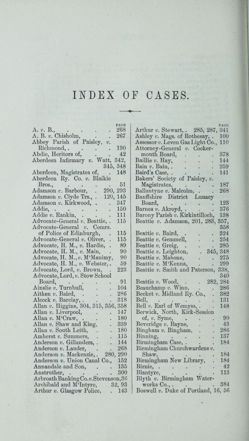 INDEX OF CASES PAGE A. v. B., . . . . 268 A. B. v. Chisholm, . . 267 Abbey Parish of Paisley, v. Richmond,.... 190 Abdie, Heritors of, . . 42 Aberdeen Infirmary v. Watt, 342, 345, 348 Aberdeen, Magistrates of, . 148 Aberdeen Ry. Co. v. Blaikie Bros., .... 51 Adamson v. Barbour, . 290, 293 Adamson v. Clyde Trs., . 120, 145 Adamson v. Kirkwood, . . 347 Addie, 150 Addie v. Rankin, . . .111 Advocate-General v. Beattie, . 115 Advocate-General v. Comrs. of Police of Edinburgh, . 115 Advocate-General v. Oliver, . 115 Advocate, H. M., v. Hardie, . 89 Advocate, H. M., v. Main, . 90 Advocate, H. M.,y. M‘Manimy, 90 Advocate, H. M., v. Webster,. 59 Advocate, Lord, v. Brown, . 223 Advocate, Lord, y. Stow School Board, .... 91 Ainslie v. Turnbull, . .104 Aitken v. Baird, . . . 286 Alcock y. Barclay, . . . 318 Allan v. Higgins, 304, 315, 356, 358 Allan v. Liverpool, . . 147 Allan v. M‘Craw, . . . 180 Allan v. Shaw and King, . 339 Allan v. South Leith, . . 180 Amherst v. Summers, . .115 Anderson v. Gillanders, . . 144 Anderson y. Lauder, . . 268 Anderson y. Mackenzie,. 280, 290 Anderson y. Union Canal Co., 152 Annandale and Son, . . 135 Anstruther, .... 300 Arbroath BankingCo.y.Stevenson,36 Archibald and MTntyre, 32, 93 Arthur y. Glasgow Police, . 143 PAGE Arthur y. Stewart, . 285, 287, 341 Ashley v. Mags, of Rothesay, . 100 Assessor v. Leven Gas Light Co., 110 Attorney-General y. Cocker- mouth Board, . . .378 Baillie v. Hay, . . . 144 Bain y. Bain, .... 259 Baird’s Case, .... 141 Bakers’ Society of Paisley, v. Magistrates, . . .187 Ballantyne y. Malcolm, . . 268 Banffshire District Lunacy Board, .... 123 Barnes v. Akroyd, . . .376 Barony Parish v. Kirkintilloch, 138 Beattie v. Adamson, 201, 283, 357, 358 Beattie y. Baird, . . . 324 Beattie v. Gemmell, . . 254 Beattie y. Greig, . . . 285 Beattie v. Leighton, . 345, 348 Beattie v. Mahone, . . 275 Beattie y. M‘Kenna, . . 299 Beattie v. Smith and Paterson, 338, 340 Beattie v. Wood, . . 282, 284 Beauchamp v. Wmn, . . 286 Becket v. Midland Ry. Co., . 382 Bell, 131 Bell v. Earl of Wemyss, . . 148 Berwick, North, Kirk-Session of, v. Syme, ... 90 Beveridge v. Bayne, . . 43 Bingham v. Bingham, . .286 Binning, .... 137 Birmingham Case, . . . 184 Birmingham Churchwardens v. Shaw, .... 184 Birmingham New Library, . 184 Birnie, 42 Blantyre, . . . .113 Blyth v. Birmingham Water- works Co., .... 384 Boswell v. Duke of Portland, 16, 56