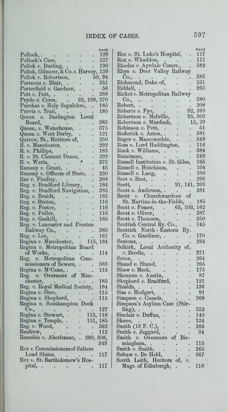 Pollock, 129 Rex v. St. Luke’s Hospital, 117 Pollock’s Case, 137 Rex v. Whaddon, . 111 Pollok v. Darling, . 190 Rhodes v. Ayrdale Comrs., 382 Pollok, Gilmour, & Co.y. Harvey, 139 Rhys v. Deer Valley Railway Pollok v. Robertson, . 50, 94 Co., .... 383 Porteous v. Blair, . 351 Richmond, Duke of, 131 Porterfield v. Gardner, . 56 Riddell, .... 263 Pott v. Pott, .... 268 Ricket v. Metropolitan Railway Pryde v. Ceres, . 92, 198, 270 Co., .... 380 Purchas v. Holy Sepulchre, . 185 Robert, .... 208 Purvis v. Trail, 185 Roberts v. Fye, 92, 269 Queen v. Darlington Local Robertson v. Melville, 95, 303 Board, .... 383 Robertson v. Murdoch, . 15, 29 Queen, v. Waterhouse, . 375 Robinson v. Pett, . 51 Queen v. West Derby, 121 Roderick v. Aston, . . 381 Quivox, St., Heritors of, 250 Roger v. Macconochie, . . 349 R. v. Manchester, . 292 Ross v. Lord Haddington, . 116 R. v. Phillips, 183 Ruck v. Williams, . 384 R. v. St. Clement Danes, 292 Runciman, 349 R. v. Watts, .• 373 Russell Institution v. St. Giles, 185 Ramsay v. Grant, . 46 Russell v. Hutchison, 104 Ramsay v. Officers of State, . 250 Russell v. Lang, 100 Rae v. Findlay, 268 Scot y. Scot, . 296 Reg. v. Bradford Library, 184 Scott, . . .91, 141, 263 Reg. v. Bradford Navigation, . 385 Scott v. Anderson, . 281 Reg. v. Braidt, 185 Scott v. Churchwardens of Reg. v. Breton, 116 St. Martins-in-the-Fields, 185 Reg. v. Foster, . . . 116 Reg. v. Fuller, . . .116 Reg. v. Gaskill, . . . 185 Reg. v. Lancaster and Preston Railway Co., . . .383 Reg. v. Lee, . . . .161 Regina v. Manchester, . 115, 184 Regina v. Stewart, Regina v. Temple, Reg. v. Wood, Renfrew, Rescobie v. Aberlemno, 115, 116 121, 185 . 362 . 112 280, 308, 349 Rex v. Commissioners of Salters Load Sluice, . . .117 Rex v. St. Bartholomew’s Hos- pital, 117 Scott v. Fraser, . 65, 103, 162 Scott v. Oliver, . . . 287 Scott v. Thomson, . . . 250 Scottish Central Ry. Co., . 145 Scottish North - Eastern Ry. Co. v. Gardiner, . . .170 Seatons, 264 Selkirk, Local Authority of, of Works, . 9 f 114 v. Brodie, . . 371 Reg. v. Metropolitan Com- Seton, . 264 missioners of Sewers, 383 Shand v. Shand, . 265 Regina v. M‘Cann, . , m 115 Shaw v. Meek, . 175 Reg. v. Overseers of Man- Shennan v. Austin, . 87 Chester, * • 185 Shepherd v. Bradford, . 121 Reg. v. Royal Medical Society, 184 Shields, . . 136 Regina v. Shee, 115 Sim v. Hodgert, . 91 Regina v. Shepherd, 115 Simpson v. Cassels, . 268 Regina v. Southampton Dock Simpson’s Asylum Case (Stir- Co., . 127 ling), . . 352 Sinclair v. Duffus, . . . 140 Skene, 134 Smith (16 F. C.), . . . 266 Smith v. Jaggard, . . .34 Smith v. Overseers of Bir- mingham, . . . .115 Smith v. Smith, . . . 265 Soltaw v. De Held, . . 367 South Leith, Heritors of, v. Mags, of Edinburgh, . . 118