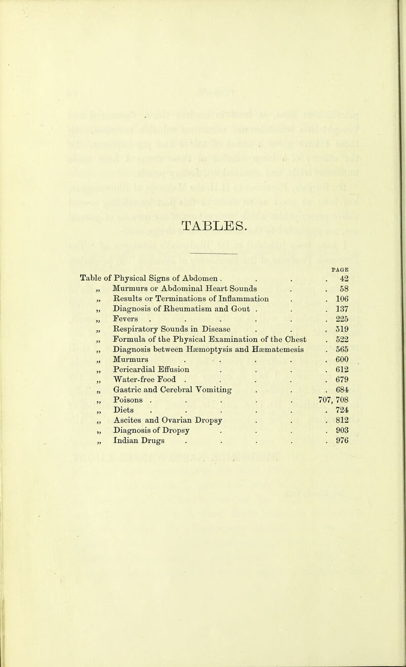 TABLES. PAGE Table of Physical Signs of Abdomen . . . .42 „ Murmurs or Abdominal Heart Sounds . . 58 „ Results or Terminations of Inflammation . . 106 „ Diagnosis of Rheumatism and Gout . . . 137 „ Fevers . . . . . .225 „ Respiratory Sounds in Disease . . , 519 „ Formula of the Physical Examination of the Chest . 522 „ Diagnosis between Haemoptysis and Hsematemesis . 565 „ Murmurs ..... 600 „ Pericardial Effusion .... 612 „ Water-free Pood . . . . .679 „ Gastric and Cerebral Yomiting . . . 684 „ Poisons . . . . . 707, 708 „ Diets . . . . . .724 „ Ascites and Ovarian Dropsy . . . 812 „ Diagnosis of Dropsy .... 903 „ Indian Drugs ..... 976