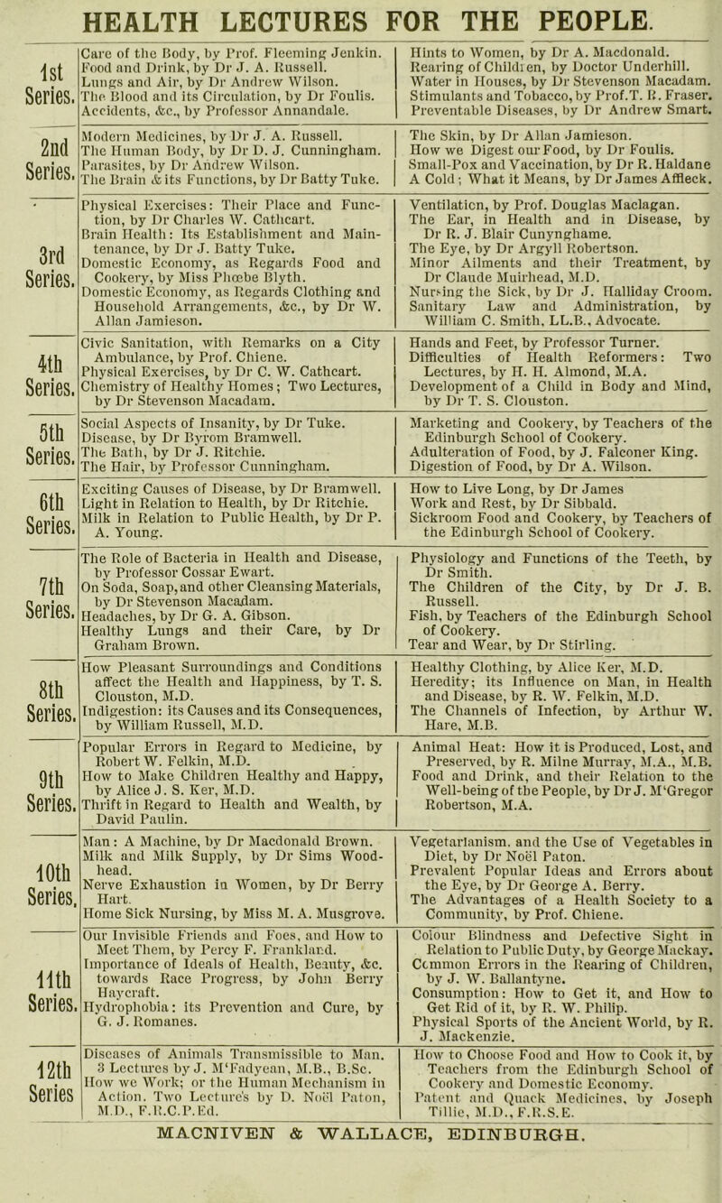 HEALTH LECTURES FOR THE PEOPLE. 1st Series. Care of tlic f5ody, by Prof. Flccminff Jenkin. Food and Drink, by Dr J. A. Russell. Lungs and Air, by Dr Andrew Wilson. The Blood and its Circulation, by Dr Foulis. Accidents, &c., by Professor Annandale. Hints to Women, by Dr A. Macdonald. Rearing ofChildien, by Doctor Underhill. Water in Houses, by Dr Stevenson Macadam. Stimulants and Tobacco, by Prof.T. B. Fraser. Preventable Diseases, by Dr Andrew Smart. 2nd Series. Modern Medicines, by Dr J. A. Russell. The Human Body, by Dr D. J. Cunningham. Parasites, by Dr Andrew Wilson. The Brain & its Functions, by Dr Batty Tuke. The Skin, by Dr Allan Jamieson. How we Digest our Food, by Dr Foulis. Small-Pox and Vaccination, by Dr R. Haldane A Cold; What it Means, by Dr James Affleck. 3rd Series. Physical Exercises: Their Place and Func- tion, by Dr Charles W. Cathcart. Brain Health: Its Establishment and Main- tenance, by Dr J. Batty Tuke. Domestic Economy, as Regards Food and Cookery, by Miss Phoebe Blytli. Domestic Ecoiiomy, as Regards Clothing and Household Arrangements, &c., by Dr W. Allan Jamieson. Ventilation, by Prof. Douglas Maclagan. The Ear, in Health and in Disease, by Dr R. J. Blair Cunynghame. The Eye, by Dr Argyll Robertson. Minor Ailments and their Treatment, by Dr Claude Muirhead, M.D. Nursing the Sick, by Dr J. Halliday Croom. Sanitary Law and Administration, by William C. Smith, LL.B., Advocate. m Series. Civic Sanitation, with Remarks on a City Ambulance, by Prof. Chiene. Physical Exercises, by Dr C. W. Cathcart. Chemistry of Healthy Homes; Two Lectures, by Dr Stevenson Macadam. Hands and Feet, by Professor Turner. Difflculties of Health Reformers: Two Lectures, by H. II. Almond, M.A. Development of a Child in Body and Mind, by Dr T. S. Clouston. 5th Series. Social Aspects of Insanity, by Dr Tuke. Disease, by Dr Byrom Bramwell. The B.ath, by Dr J. Ritchie. The Flair, by Professor Cunningham. Marketing and Cookery, by Teachers of the Edinburgh School of Cookery. Adulteration of Food, by J. Falconer King. Digestion of Food, by Dr A. Wilson. 6th Series. Exciting Causes of Disease, by Dr Bramwell. Light in Relation to Health, by Dr Ritchie. Milk in Relation to Public Health, by Dr P. A. Young. How to Live Long, by Dr James Work and Rest, by Dr Sibbald. Sickroom Food and Cookery, by Teachers of the Edinburgh School of Cookery. 7th Series. The Role of Bacteria in Health and Disease, by Professor Cossar Ewart. On Soda, Soap, and other Cleansing Materials, by Dr Stevenson Macajdam. Headaches, by Dr G. A. Gibson. Healthy Lungs and their Care, by Dr Graham Brown. Physiology and Functions of the Teeth, by Dr Smith. The Children of the City, by Dr J. B. Russell. Fish, by Teachers of the Edinbui’gh School of Cookery. Tear and Wear, by Dr Stirling. 8th Series. How Pleasant Surroundings and Conditions affect the Health and Happiness, by T. S. Clouston, M.D. Indigestion: its Causes and its Consequences, by William Russell, M.D. Healthy Clothing, by Alice Ker, M.D. Heredity; its Influence on Man, in Health and Disease, by R. W. Felkin, M.D. The Channels of Infection, by Arthur W. Hare, M.B. 9th Series. Popular Errors in Regard to Medicine, by Robert W. Felkin, M.D. How to Make Children Healthy and Happy, by Alice J. S. Ker, M.D. Thrift in Regard to Health and Wealth, by David Paulin. Animal Heat: How it is Produced, Lost, and Preserved, by R. Milne Murray, M.A., M.B. Food and Drink, and their Relation to the Well-being of the People, by Dr J. M‘Gregor Robertson, M.A. 10th Series. Man: A Machine, by Dr Macdonald Brown. Milk and Milk Supply, by Dr Sims Wood- head. Nerve Exhaustion in Women, by Dr Berry Hart. Home Sick Nursing, by Miss M. A. Musgrove. Vegetarianism, and the Use of Vegetables in Diet, by Dr Noel Paton. Prevalent Popular Ideas and Errors about the Eye, by Dr George A. Berry. The Advantages of a Health Society to a Community, by Prof. Chiene. 11th Series. Our Invisible Friends and Foes, and How to Meet Them, by Percy F. Franklard. Importance of Ideals of Health, Beauty, Ac. towards Race Progress, by Johii Berry IIay craft. Hydrophobia: its Prevention and Cure, by G. J. Romanes. Colour Blindness and Defective Sight in Relation to Public Duty, by George Mackay. Cemmon Errors in the Rearing of Children, by J. W. Ballantyne. Consumption: How to Get it, and How to Get Rid of it, by R. W. Philip. Physical Sports of the Ancient World, by R. J. Mackenzie. 12th Series Diseases of Animals Transmissible to Man. 3 Lectures by J. M‘Fadyean, M.B., B.Sc. How we Work; or the Human Mechanism in Action. Two Lecture's by D. Noel Paton, M.D., F.B.C.P.Ed. How to Choose Food and How to Cook it, by Teachers from the Edinburgh School of Cookery and Domestic Economy. Patent and (^uack IMedicincs, by Joseph Tillie, M.D., F.B.S.E. MACNIVEN & WALLACE, EDINB0KGH,