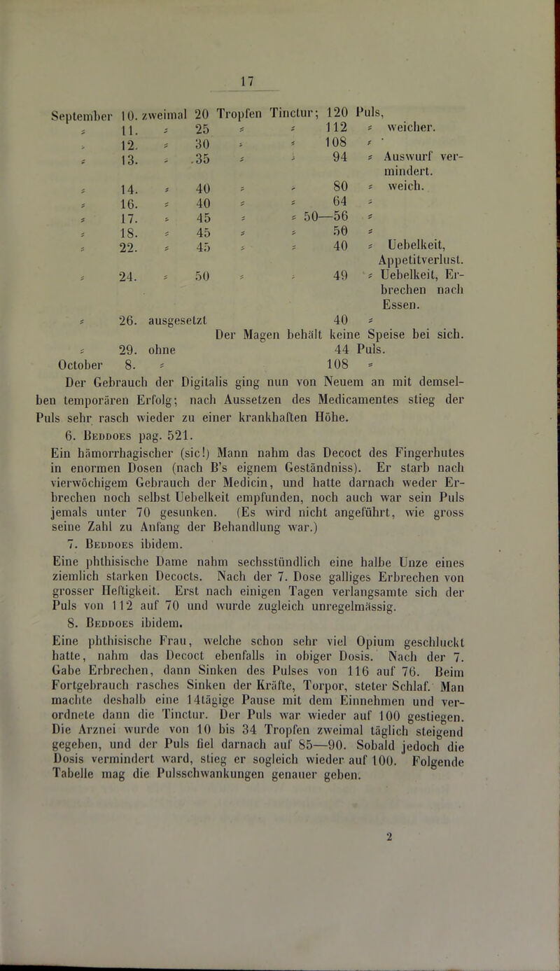 September 10. zweimal 20 Tropfen Tinctur; 120 Puls, u. - 25 112 12. ** 30 13. .35 94 14. i 40 80 16. 40 64 17. 45 * 50—56 18. 45 50 22. 45 40 24. 50 49 weicher. Auswurf ver- mindert, weich. s Uebelkeit, Appetitverlust. * Uebelkeit, Er- brechen nach Essen. t 26. ausgesetzt 40 * Der Magen behält keine Speise bei sich. t 29. ohne 44 Puls. October 8. * 108 * Der Gebrauch der Digitalis ging nun von Neuem an mit demsel- ben temporären Erfolg; nach Aussetzen des Medicamentes stieg der Puls sehr rasch wieder zu einer krankhaften Höhe. 6. Beddoes pag. 521. Ein hämorrhagischer (sie!) Mann nahm das Decoct des Fingerhutes in enormen Dosen (nach B's eignem Geständniss). Er starb nach vierwöchigem Gebrauch der Medicin, und hatte darnach weder Er- brechen noch selbst Uebelkeit empfunden, noch auch war sein Puls jemals unter 70 gesunken. (Es wird nicht angeführt, wie gross seine Zahl zu Anfang der Behandlung war.) 7. Beddoes ibidem. Eine phthisische Dame nahm sechsstündlich eine halbe Unze eines ziemlich starken Decocts. Nach der 7. Dose galliges Erbrechen von grosser Heftigkeit. Erst nach einigen Tagen verlangsamte sich der Puls von 112 auf 70 und wurde zugleich unregelmässig. 8. Beddoes ibidem. Eine phthisische Frau, welche schon sehr viel Opium geschluckt hatte, nahm das Decoct ebenfalls in obiger Dosis. Nach der 7. Gabe Erbrechen, dann Sinken des Pulses von 116 auf 76. Beim Fortgebrauch rasches Sinken der Kräfte, Torpor, steter Schlaf. Man machte deshalb eine 14tägige Pause mit dem Einnehmen und ver- ordnete dann die Tinctur. Der Puls war wieder auf 100 gestiegen. Die Arznei wurde von 10 bis 34 Tropfen zweimal täglich steigend -'•„eben, und der Puls fiel darnach auf 85—90. Sobald jedoch die Dosis vermindert ward, stieg er sogleich wieder auf 100. Folgende Tabelle mag die Pulsschwankungen genauer geben. 2