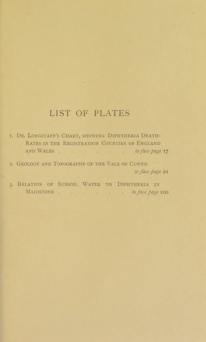 LIST OF PLATES 1. Dr. Longstaff’s Chart, showing Diphtheria Death- Rates in the Registration Counties of England and Wales to face page 17 2. Geology and Topography of the Vale of Clwyd to face page 21 3. Relation of Subsoil Water to Diphtheria in Maidstone to face page 100