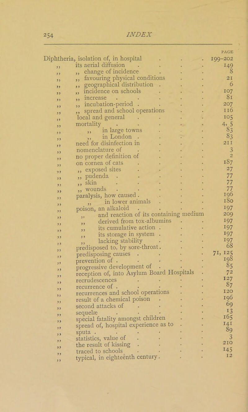 Diphtheria, isolation of, in hospital PAGE 199-202 3 3 its aerial diffusion .... 149 9 9 ,, change of incidence s 33 ,, favouring physical conditions 21 99 ,, geographical distribution . 6 33 „ incidence on schools 107 93 ,, increase ..... 81 3 9 ,, incubation-period .... 207 33 ,, spread and school operations 116 39 local and general .... 105 33 mortality ..... 4, 5 S3 3 3 ,, in large towns 3 3 ,, in London .... S3 9 9 need for disinfection in 211 nomenclature of ... 3 33 no proper definition of 2 9 9 on cornea of cats .... 1S7 3 3 ,, exposed sites .... 27 33 ,, pudenda . 77 9 9 ,, skin . 77 ,, wounds . 77 paralysis, how caused .... 196 „ in lower animals 1 So poison, an alkaloid . . • 197 ,, and reaction of its containing medium 209 ,, derived from tox-albumins 197 3 9 ,, its cumulative action . 197 3 3 ,, its storage in system . 197 3 3 ,, lacking stability 197 3 3 predisposed to, by sore-throat. 6S 33 predisposing causes . . • • 71, 125 19S 99 prevention of . 3 3 progressive development of S5 3 3 reception of, into Asylum Board Hospitals . 72 33 3 j recrudescences • recurrence of . 127 87 9 9 recurrences and school operations 120 3 3 result of a chemical poison 196 3 3 second attacks of 69 3 3 sequelae . • 13 39 special fatality amongst children 165 33 spread of, hospital experience as to . 141 s9 3 9 sputa ..•••• statistics, value of 3 the result of kissing . 210 traced to schools • *45 3 9 typical, in eighteenth century. 12