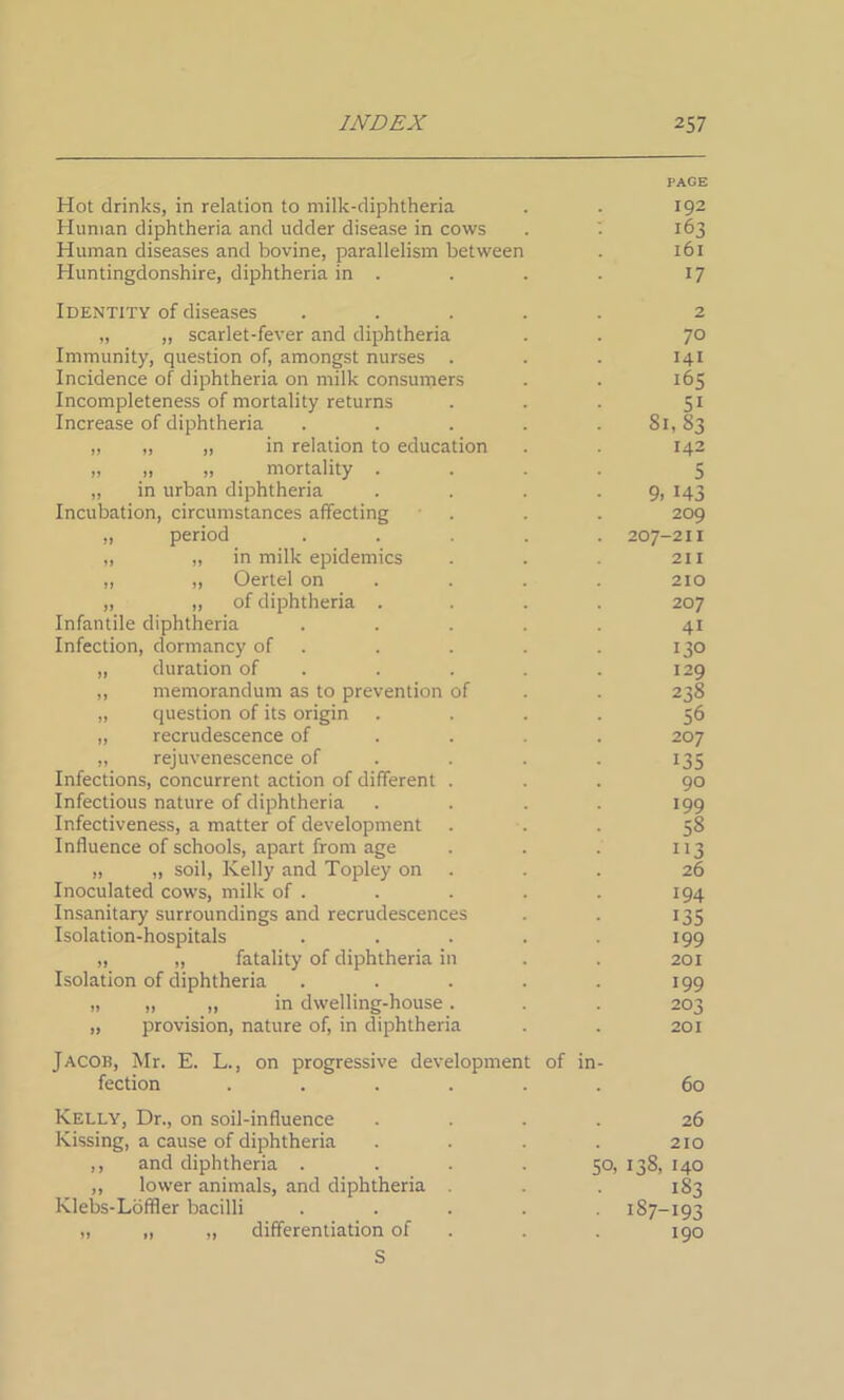 Hot drinks, in relation to milk-diphtheria Human diphtheria and udder disease in cows Human diseases and bovine, parallelism between Huntingdonshire, diphtheria in . Identity of diseases „ „ scarlet-fever and diphtheria Immunity, question of, amongst nurses . Incidence of diphtheria on milk consumers Incompleteness of mortality returns Increase of diphtheria „ „ „ in relation to education „ „ „ mortality . „ in urban diphtheria Incubation, circumstances affecting „ period „ „ in milk epidemics „ „ Oertel on „ „ of diphtheria . Infantile diphtheria Infection, dormancy of „ duration of „ memorandum as to prevention of „ question of its origin „ recrudescence of „ rejuvenescence of Infections, concurrent action of different . Infectious nature of diphtheria Infectiveness, a matter of development Influence of schools, apart from age „ „ soil, Kelly and Topley on . Inoculated cows, milk of . Insanitary surroundings and recrudescences Isolation-hospitals „ „ fatality of diphtheria in Isolation of diphtheria „ „ „ in dwelling-house. „ provision, nature of, in diphtheria PACE 192 163 161 17 70 141 165 5i Si, S3 142 5 9. M3 209 207-211 211 210 207 41 130 129 238 56 207 135 90 199 58 113 26 194 135 199 201 199 203 201 Jacob, Mr. E. L., on progressive development of in fection ...... 60 Kelly, Dr., on soil-influence .... 26 Kissing, a cause of diphtheria . . . . 210 ,, and diphtheria .... 50, 138, 140 „ lower animals, and diphtheria . . 183 Klebs-Loffler bacilli ..... 187-193 „ „ „ differentiation of . . 190 S