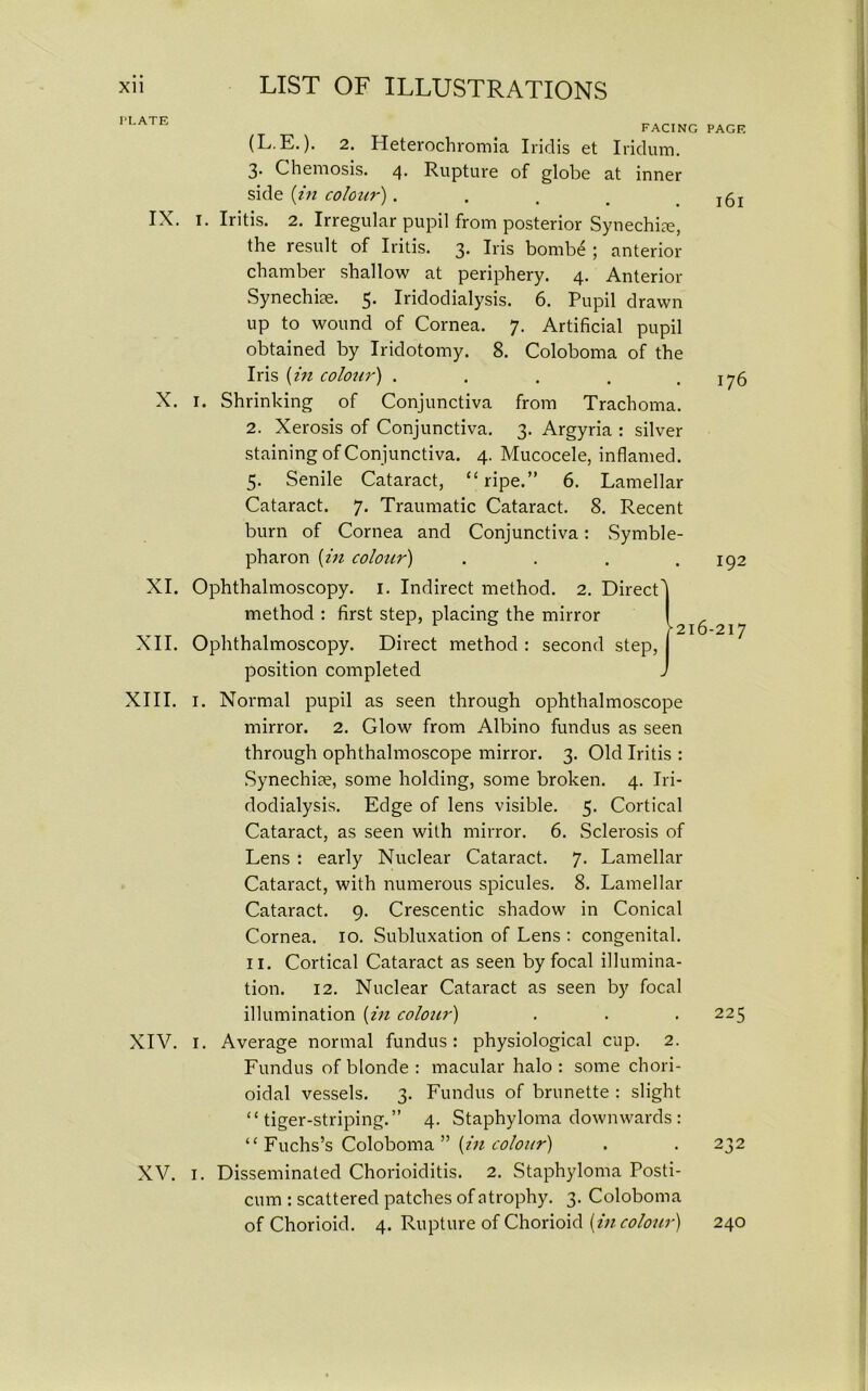 FACING PAGE (L.E.). 2. Heterochromia Iriclis et Iridum. 3. Chemosis. 4. Rupture of globe at inner side (in colour). . . . .161 IX. 1. Iritis. 2. Irregular pupil from posterior Synechia, the result of Iritis. 3. Iris bombe ; anterior chamber shallow at periphery. 4. Anterior Synechiae. 5* Iridodialysis. 6. Pupil drawn up to wound of Cornea. 7. Artificial pupil obtained by Iridotomy. 8. Coloboma of the Iris (in colour) . . . . .176 X. 1. Shrinking of Conjunctiva from Trachoma. 2. Xerosis of Conjunctiva. 3. Argyria : silver staining of Conjunctiva. 4. Mucocele, inflamed. 5. Senile Cataract, “ripe.” 6. Lamellar Cataract. 7. Traumatic Cataract. 8. Recent burn of Cornea and Conjunctiva: Symble- pharon (in colour) . . . .192 XI. Ophthalmoscopy. 1. Indirect method. 2. Direct method : first step, placing the mirror XII. Ophthalmoscopy. Direct method : second step, position completed XIII. I. Normal pupil as seen through ophthalmoscope mirror. 2. Glow from Albino fundus as seen through ophthalmoscope mirror. 3. Old Iritis : Synechiae, some holding, some broken. 4. Iri- dodialysis. Edge of lens visible. 5. Cortical Cataract, as seen with mirror. 6. Sclerosis of Lens : early Nuclear Cataract. 7. Lamellar Cataract, with numerous spicules. 8. Lamellar Cataract. 9. Crescentic shadow in Conical Cornea. 10. Subluxation of Lens : congenital. 11. Cortical Cataract as seen by focal illumina- tion. 12. Nuclear Cataract as seen by focal illumination (in colour) . . . 225 XIV. 1. Average normal fundus: physiological cup. 2. Fundus of blonde : macular halo : some chori- oidal vessels. 3. Fundus of brunette : slight “tiger-striping.” 4. Staphyloma downwards : “ Fuchs’s Coloboma ” (in colour) . . 232 XV. I. Disseminated Chorioiditis. 2. Staphyloma Posti- cum : scattered patches of atrophy. 3. Coloboma of Chorioid. 4. Rupture of Chorioid (in colour) 240