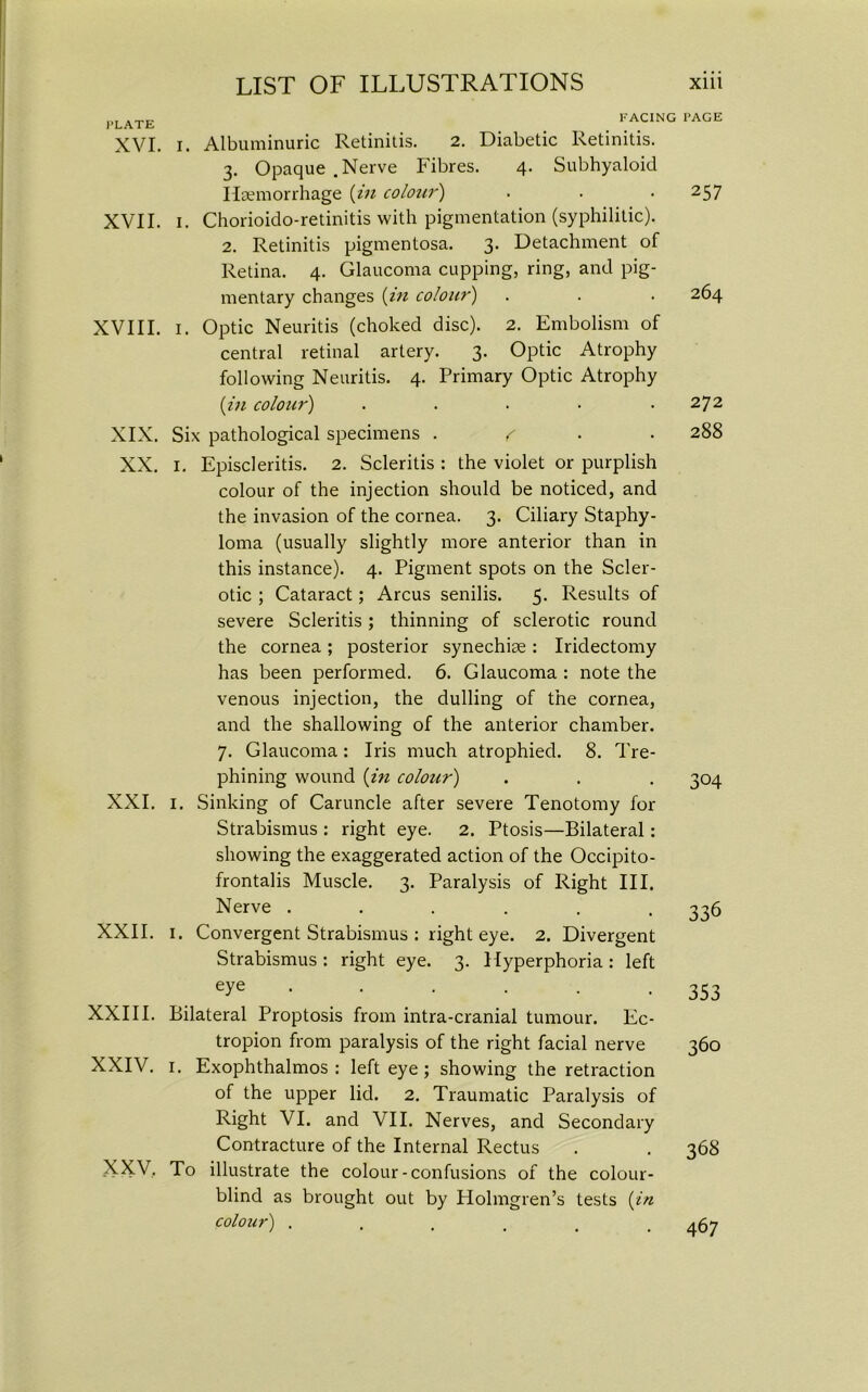 PLATE XVI. I. Albuminuric Retinitis. 2. Diabetic Retinitis. 3. Opaque .Nerve Fibres. 4’ Subhyaloid Haemorrhage (in colour) XVII. 1. Chorioido-retinitis with pigmentation (syphilitic). 2. Retinitis pigmentosa. 3. Detachment of Retina. 4. Glaucoma cupping, ring, and pig- mentary changes (in colour) XVIII. 1. Optic Neuritis (choked disc). 2. Embolism of central retinal artery. 3. Optic Atrophy following Neuritis. 4. Primary Optic Atrophy (in colour) ..... XIX. Six pathological specimens r XX. I. Episcleritis. 2. Scleritis : the violet or purplish colour of the injection should be noticed, and the invasion of the cornea. 3. Ciliary Staphy- loma (usually slightly more anterior than in this instance). 4. Pigment spots on the Scler- otic ; Cataract; Arcus senilis. 5. Results of severe Scleritis ; thinning of sclerotic round the cornea; posterior synechiae: Iridectomy has been performed. 6. Glaucoma : note the venous injection, the dulling of the cornea, and the shallowing of the anterior chamber. 7. Glaucoma: Iris much atrophied. 8. Tre- phining wound (in colour) XXI. 1. Sinking of Caruncle after severe Tenotomy for Strabismus : right eye. 2. Ptosis—Bilateral: showing the exaggerated action of the Occipito- frontalis Muscle. 3. Paralysis of Right III. Nerve ...... XXII. 1. Convergent Strabismus : right eye. 2. Divergent Strabismus : right eye. 3. Hyperphoria : left eye ...... XXIII. Bilateral Proptosis from intra-cranial tumour. Ec- tropion from paralysis of the right facial nerve XXIV. 1. Exophthalmos: left eye; showing the retraction of the upper lid. 2. Traumatic Paralysis of Right VI. and VII. Nerves, and Secondary Contracture of the Internal Rectus XXV, To illustrate the colour-confusions of the colour- blind as brought out by Holmgren’s tests (in colour) .... PAGE 257 264 272 288 304 336 353 360 368 467