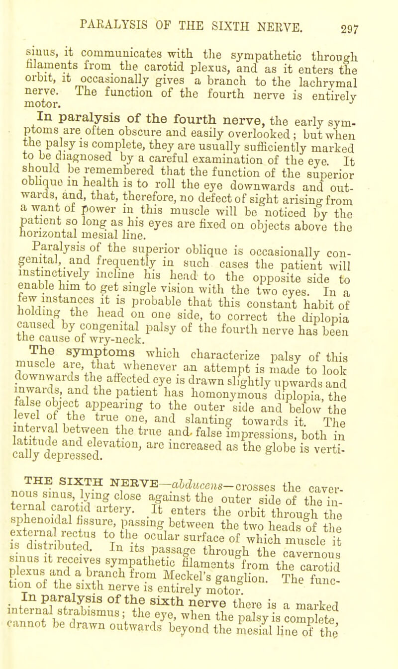 siuus, it communicates with tlie sympathetic throu'^h hlameuts from the carotid plexus, and as it enters the orbit, it occasionally gives a branch to the lachrymal nerve. The function of the fourth nerve is entirely motor. In paralysis of the fourth nerve, the early sym- ptoms are often obscure and easily overlooked; but when the palsy is complete, they are usually sufficiently marked to be diagnosed by a careful examination of the eye It should be remembered that the function of the superior obhque in health is to roll the eye downwards and out- wards, and, that, therefore, no defect of sight arisino-from a want of power in this muscle will be noticed by the patient so long as his eyes are fixed on objects above the horizontal mesial line. Paralysis of the superior oblique is occasionally con- genital and frequently in such cases the patient will instmctiyely incline his head to the opposite side to enable him to get single vision with the two eyes. In a few instances it is probable that this constant habit of holding the head on one side, to correct the diplopia caused by congenital palsy of the fourth nerve has been the cause of wry-neck. The symptoms which characterize palsy of this muscle are that whenever a,n attempt is made to look downwards the affected eye is drawn slightly upwards and inwards, and the patient has homonymous diplopia, the false object appearing to the outer side and below the level of the true one, and slanting towards it. The interval between the true and- false imioressions, both in cdiy tpresset' ''^'''^ ^^^'^^ ^« .a?;?^ ^^^^''^ NERVE-a&cZitcc,.s-crosses the caver- nous sm us lying close against the outer side of the S- ternal carotid artery. It enters the orbit throuo-h the sphenoidal fissure, passing between the two heads of t e  S^r buttr *?n'> ^f ^ which muscle is distributed. In its passage through the cavernous sinus It receives sympathetic filaments from thrcaS plexus and a branch from Meckel's ganglio^ The W tion of the sixth nerve is entirely motor _ In paralysis of the sixth nerve tliere is i nnrl-Pri internal sti;abismus; the eye, when tL a sy s comp ete cannot be drawn outwards beyond the mesial line of the