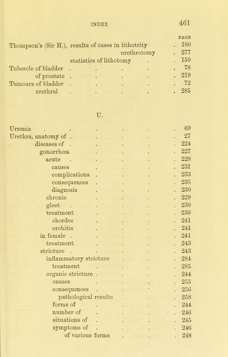PAGE Thompson’s (Sir H.), results of cases in lithotrity . 180 urethrotomy . 277 statistics of lithotomy . . 150 Tubercle of bladder . . . . .78 of prostate ..... 219 Tumours of bladder . . . . . 72 urethral ..... 285 U. Uraemia . . . . . .69 Urethra, anatomy of . . . . .27 diseases of . . . . . 224 gonorrhoea . . . .227 acute ..... 228 causes .... 231 complications .... 233 consequences .... 235 diagnosis .... 230 chronic .... 229 gleet ..... 230 treatment .... 236 chordee .... 241 orchitis .... 241 in female ..... 241 treatment .... 243 stricture ..... 243 inflammatory stricture . . . 284 treatment .... 285 organic stricture .... 244 causes .... 255 consequences . 256 pathological results . . . 258 forms of . . . 244 number of . . . 246 situations of . . . 245 symptoms of . . . 246 of various forms . . . 248