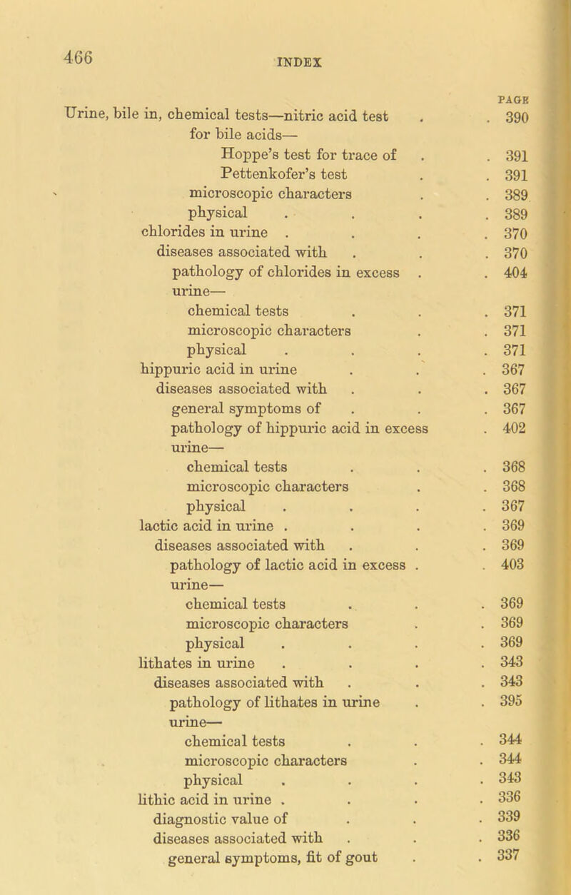 INDEX Urine, bile in, chemical tests—nitric acid test for bile acids— Hoppe’s test for trace of Pettenkofer’s test microscopic characters physical chlorides in urine . diseases associated with pathology of chlorides in excess urine— chemical tests microscopic characters physical hippuric acid in urine diseases associated with general symptoms of pathology of hippuric acid in excess urine— chemical tests microscopic characters physical lactic acid in urine . diseases associated with pathology of lactic acid in excess . urine— chemical tests microscopic characters physical lithates in urine diseases associated with pathology of lithates in urine urine— chemical tests microscopic characters physical litliic acid in urine . diagnostic value of diseases associated with general symptoms, fit of gout PAGE . 390 . 391 . 391 . 389 . 389 . 370 . 370 . 404 . 371 . 371 . 371 . 367 . 367 . 367 . 402 . 368 . 368 . 367 . 369 . 369 . 403 . 369 . 369 . 369 . 343 . 343 . 395 . 344 . 344 . 343 . 336 . 339 . 336 . 337