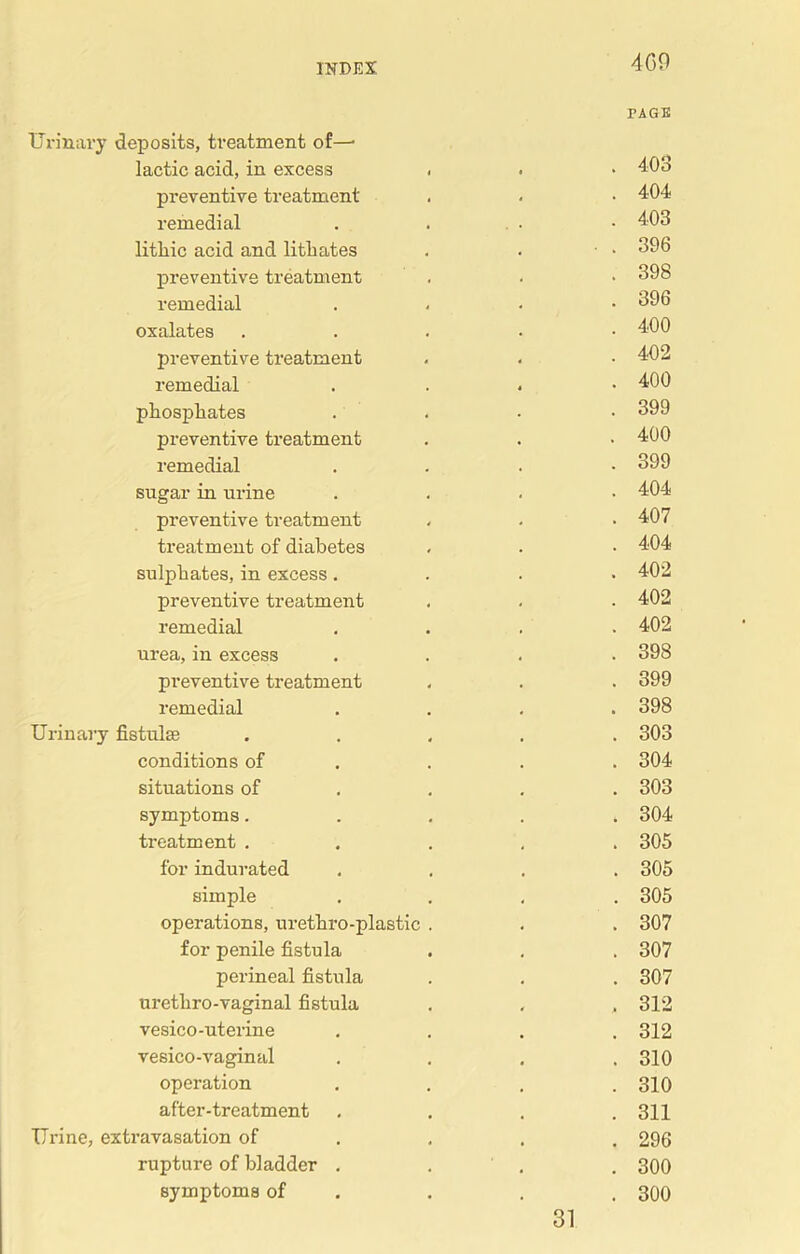 409 PAGE Urinary deposits, treatment of—- lactic acid, in excess . . • 40b preventive treatment . . • 404 remedial . . • • 403 litliic acid and litbates . . • « 396 preventive treatment . . • 398 remedial . 396 oxalates . 400 preventive treatment < . • 402 remedial . 400 phosphates . . - • 399 preventive treatment . . • 400 remedial .... 399 sugar in urine . 404 preventive treatment , . . 407 treatment of diabetes . . • 404 sulphates, in excess .... 402 preventive treatment . . . 402 remedial .... 402 urea, in excess . 398 preventive treatment . . . 399 remedial .... 398 Urinary fistulse ..... 303 conditions of . . . 304 situations of ... 303 symptoms..... 304 treatment ..... 305 for indurated .... 305 simple .... 305 operations, urethro-plastic . . . 307 for penile fistula . . . 307 perineal fistula . . . 307 uretliro-vaginal fistula . . , 312 vesico-uterine .... 312 vesico-vaginal .... 310 operation . . . .310 after-treatment .... 311 Urine, extravasation of ... 296 rupture of bladder . . . 300 symptoms of . . . 300 31