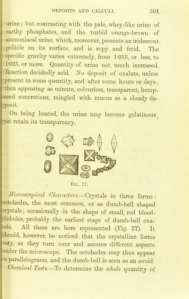 urine ; but contrasting with the pale, whey-like urine of earthy phosphates, and the turbid orange-brown of ammoniacal urine, which, moreover, presents an iridescent pelHcle on its surface, and is ropy and fetid. The specific gravity varies extremely, from 1-015, or less, to 1'025, or more. Quantity of urine not much increased. Reaction decidedly acid. No deposit of oxalate, unless present in some quantity, and after some hours or days; then appearmg as minute, colourless, transparent, hemp- seed concretions, mingled with mucus as a cloudy de- . posit. On being heated, the urine may become gelatinous fyet retain its transparency. Fig. 77. Microscopical Characters.—Crystals in three forms : >o.ctohedra, the most common, or as dumb-bell shaped r-rystals; occasionally in the shape of small, red blood- iflobules, probably the earhest stage of dumb-bell oxa- late. All these are here represented (Fig. 77). It bhould, however, be noticed that the crystalline forms arary, as they turn over and assume different aspects nnder the microscope. The octohedra may thus appear ss parallelograms, and the dumb-bell is seen as an ovoid. Chemical Tests.—To determine the whole quantity of